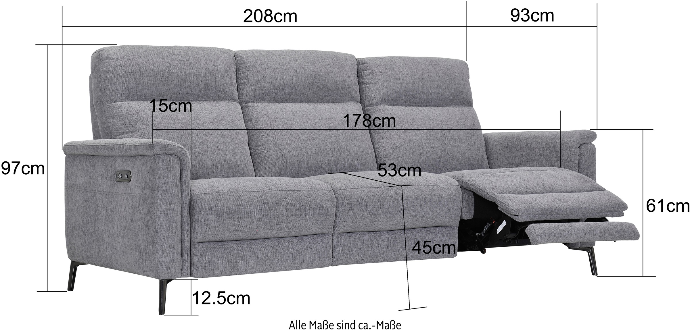 Places of Style 3-Sitzer »Barano, Relaxsofa in Leder und Webstoff«, elektrische Relaxfunktion in 2 Sitzen, Kopfteilverstellung und USB
