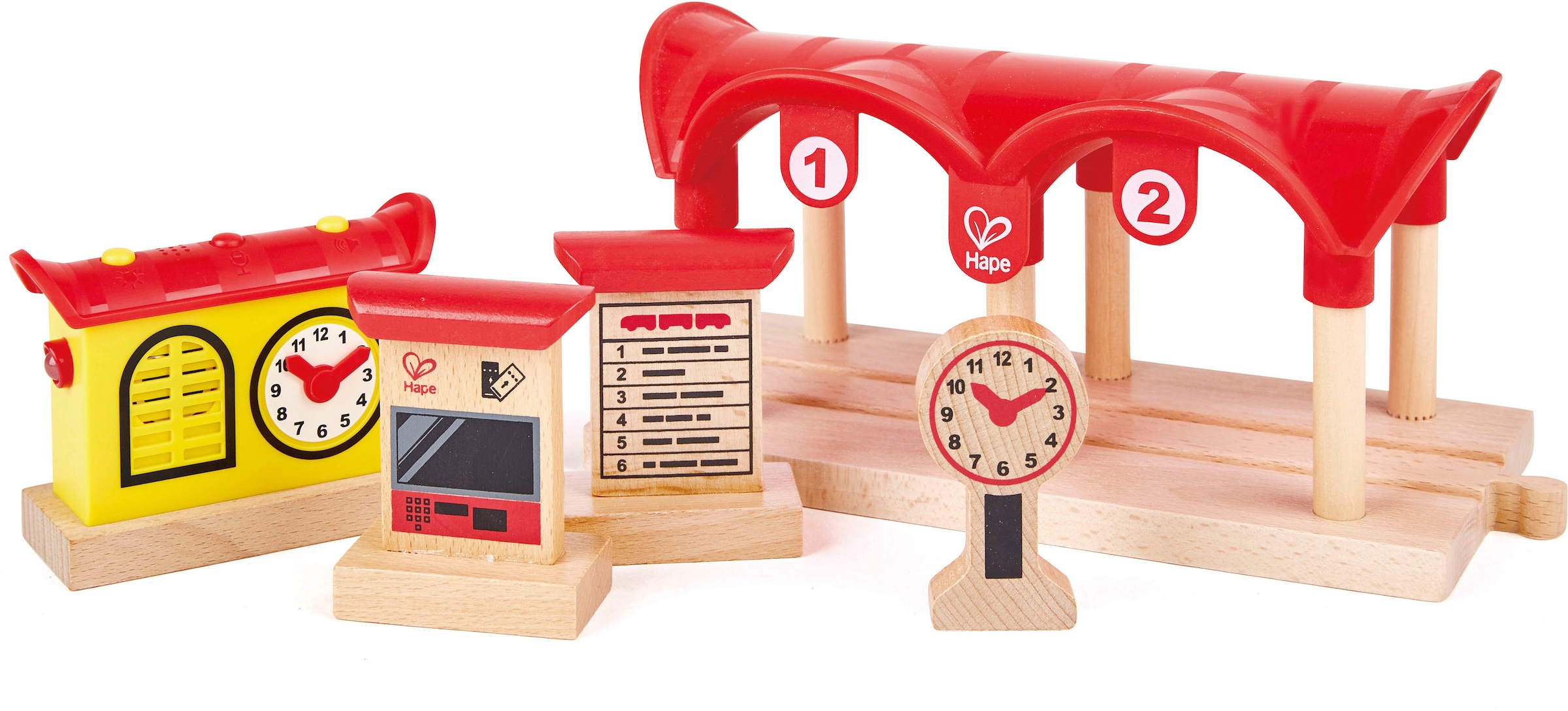 Hape Spielzeugeisenbahn-Gebäude »Bahnhof mit Aufnahmefunktion«, (Set, 5 tlg.), aus Holz