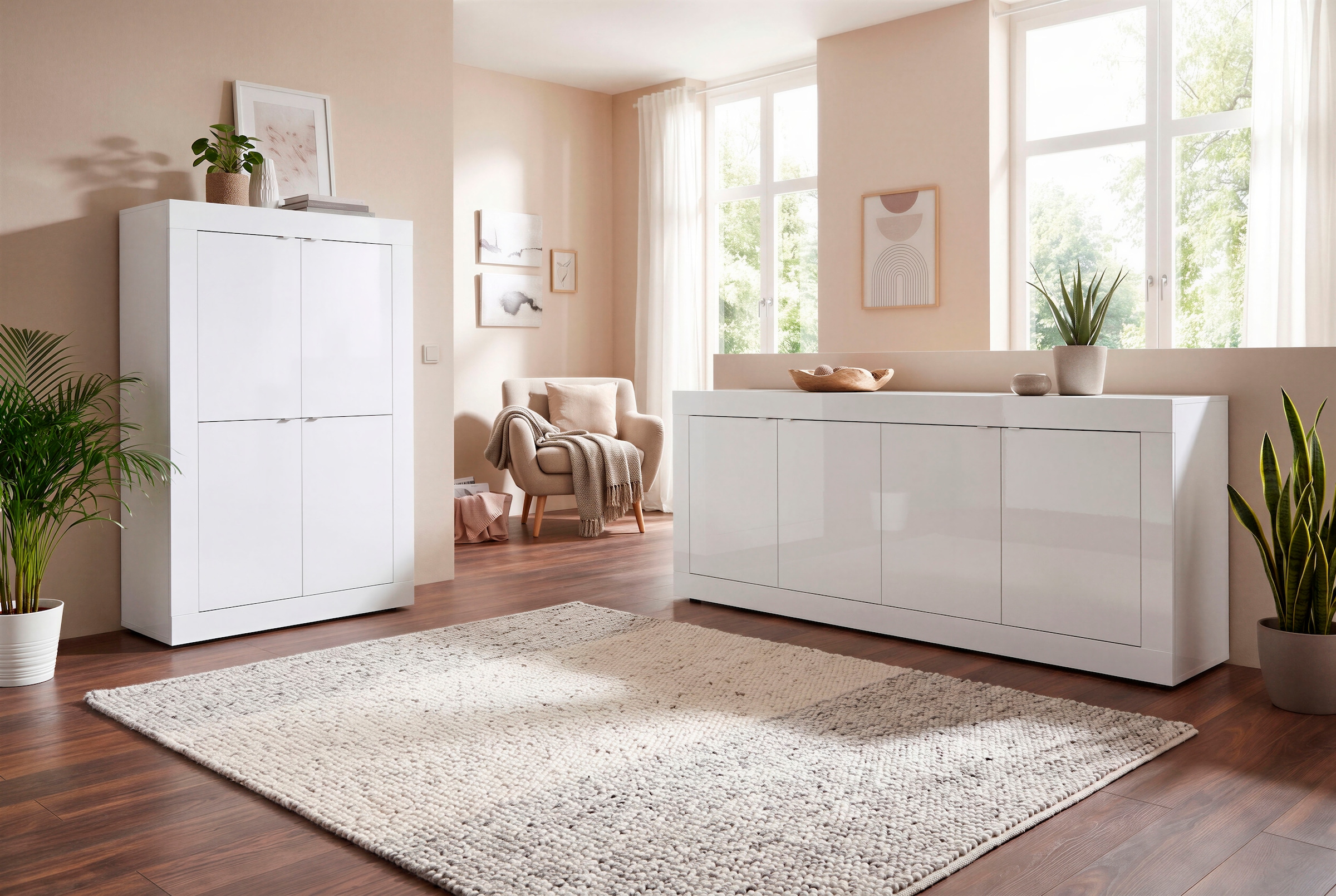 Home affaire Buffet haut »Basic Höhe 162 cm, Breite 102 cm, Kommode 4 Türen, Hochkommode« poignée en métal, design moderne du cadre, grand espace de rangement, choix de couleurs