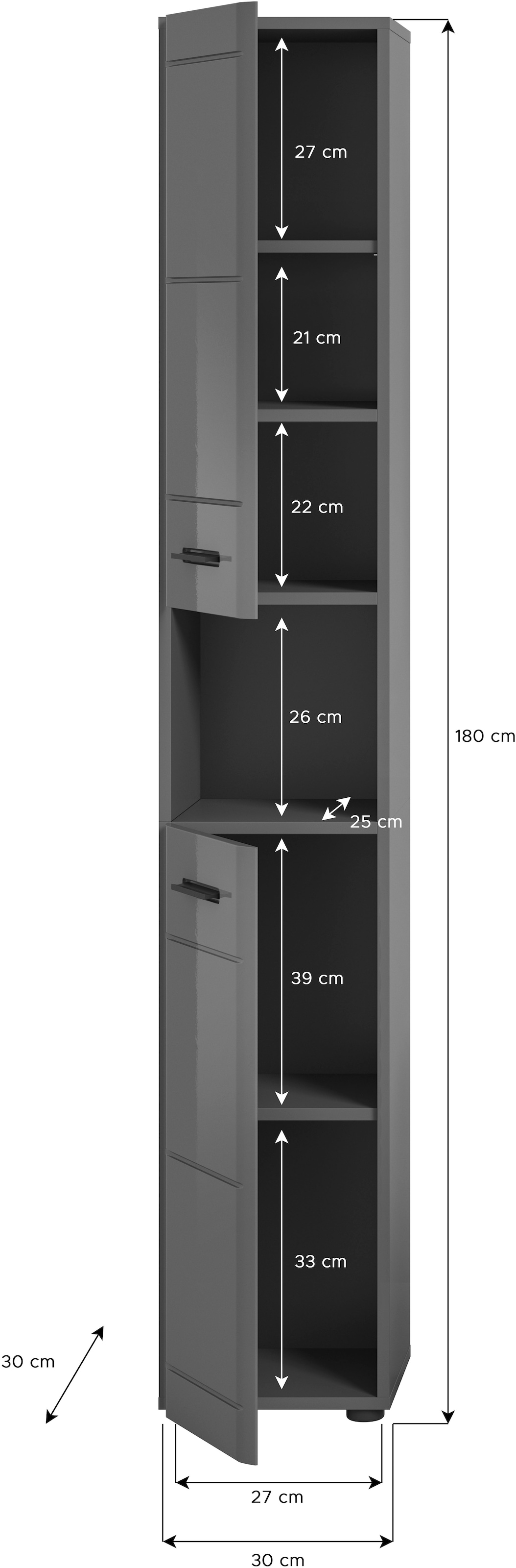 welltime Hochschrank »Doux, Höhe 180 cm, 2 Türen, 1 offenes Fach, 3 Einlegeböden«, Türanschlag wechselbar, MDF Front, Badschrank, Bad-Möbel, Badezimmer