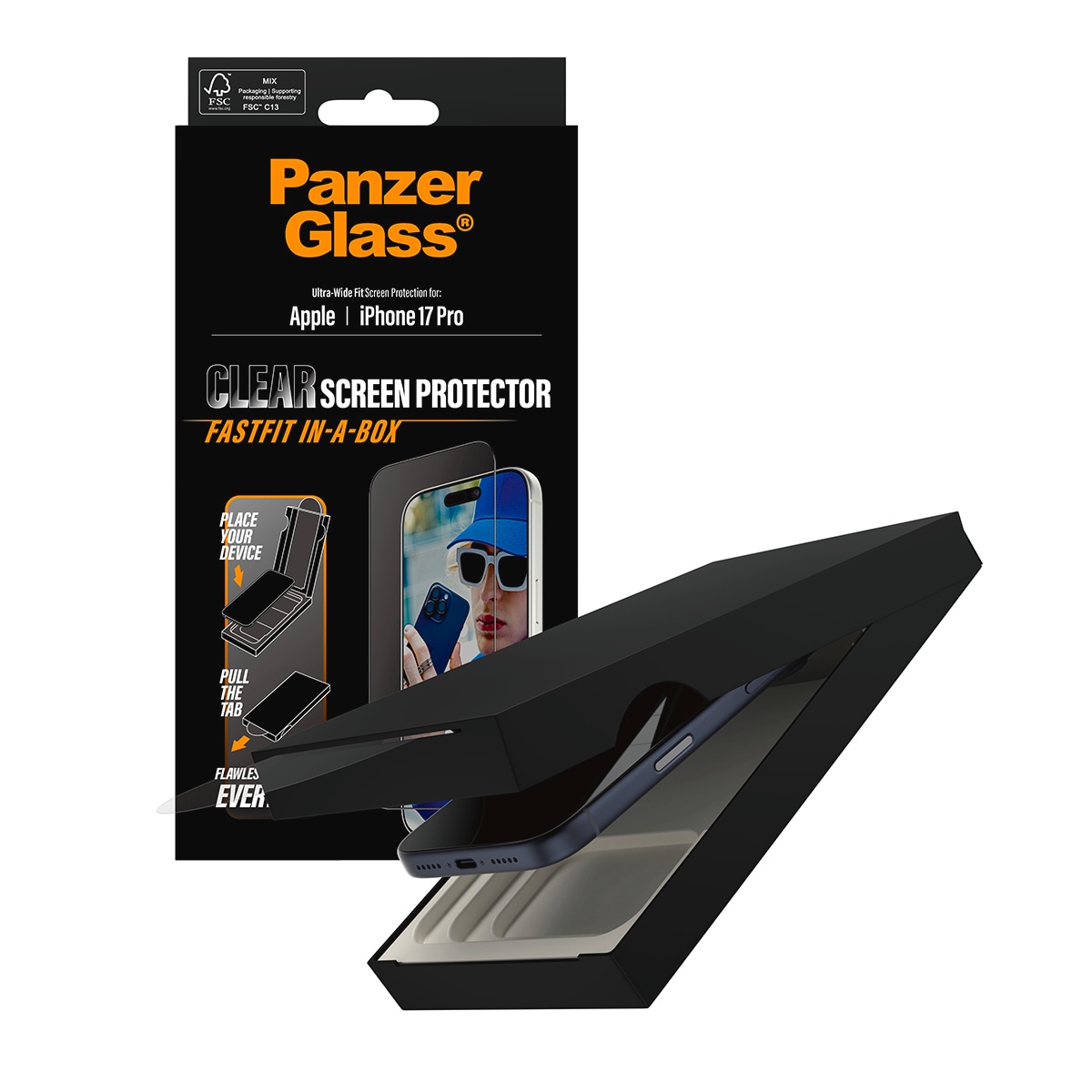 CARE by PanzerGlass Verre de protection d'écran »Ultra-Wide Fit Screen Protector FASTFIT IN-A-BOX« für Apple iPhone 17 Pro Displayschutzfolie, Schutzfolie, Bildschirmschutz, kratz- & stossfest