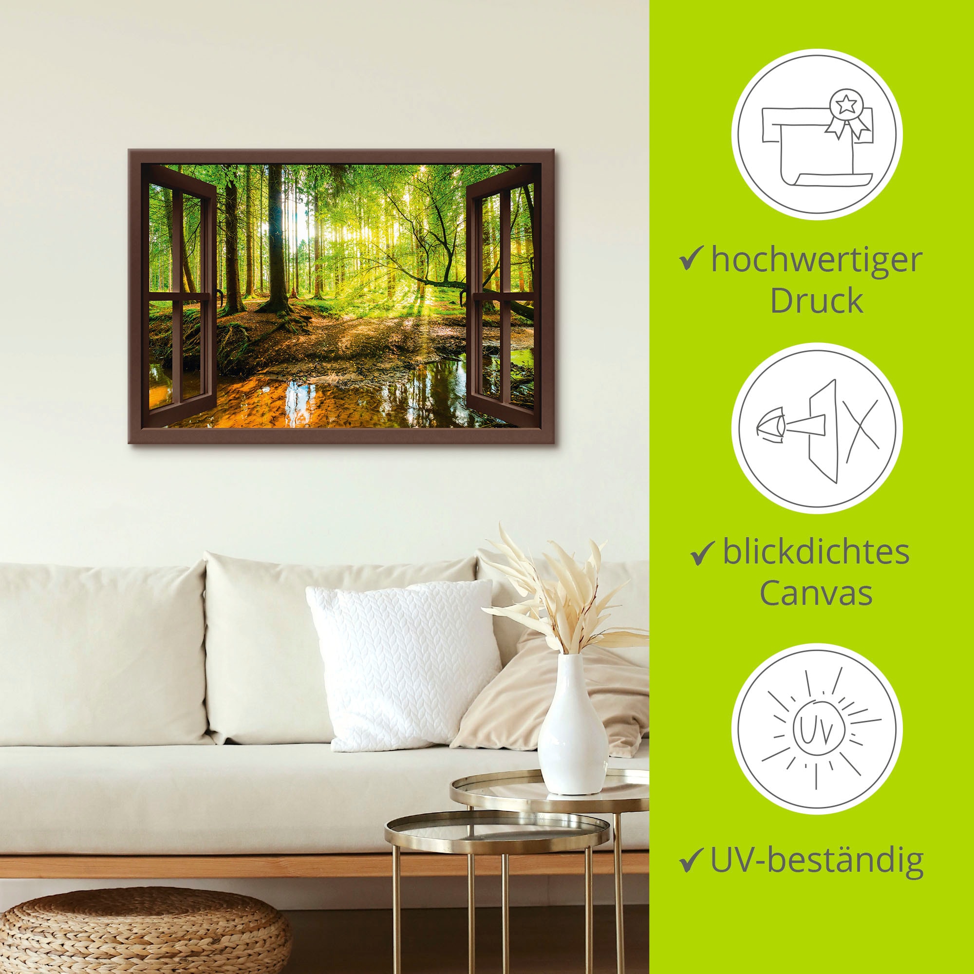 Artland Wandbild »Fensterblick - Wald mit Bach«, Wald, (1 St.), als Leinwandbild, Poster, Wandaufkleber in verschied. Grössen