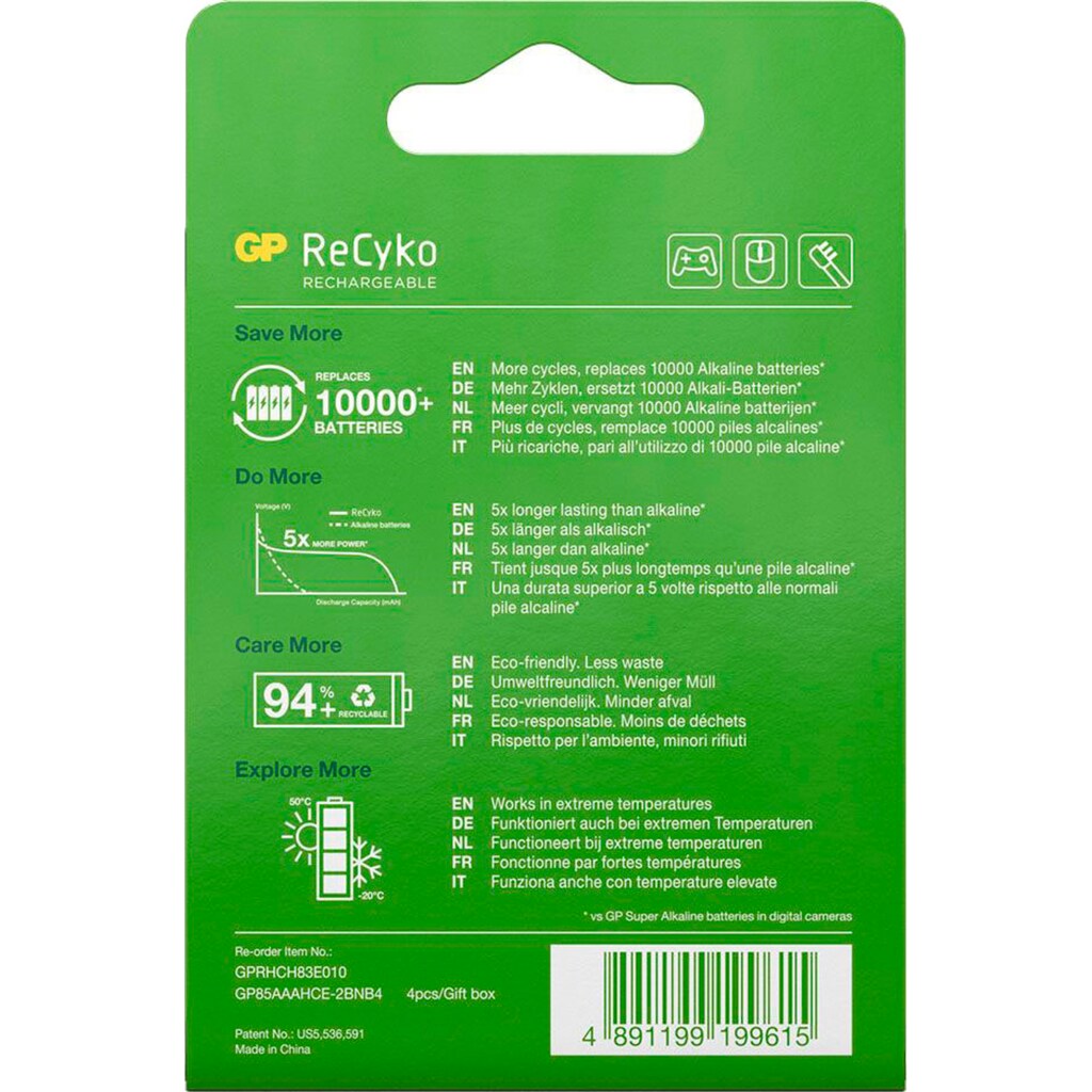 GP Batteries Akku »4er Pack AAA Akku GP NiMH 850 mAh ReCyko 1,2V«, AAA, 850 mAh