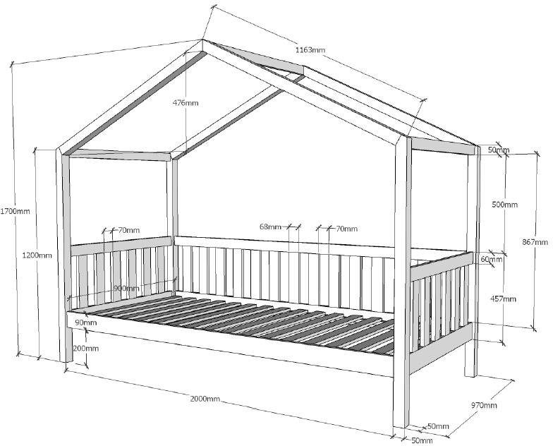 Vipack Hausbett »Dallas, mit Dachaufbau, Kiefer massiv, stabil gebaut« B/H/T ca. 210x170x97cm, mit Sprossenumrandung,  wahlweise mit oder ohne Bettschublade und Textilhimmel