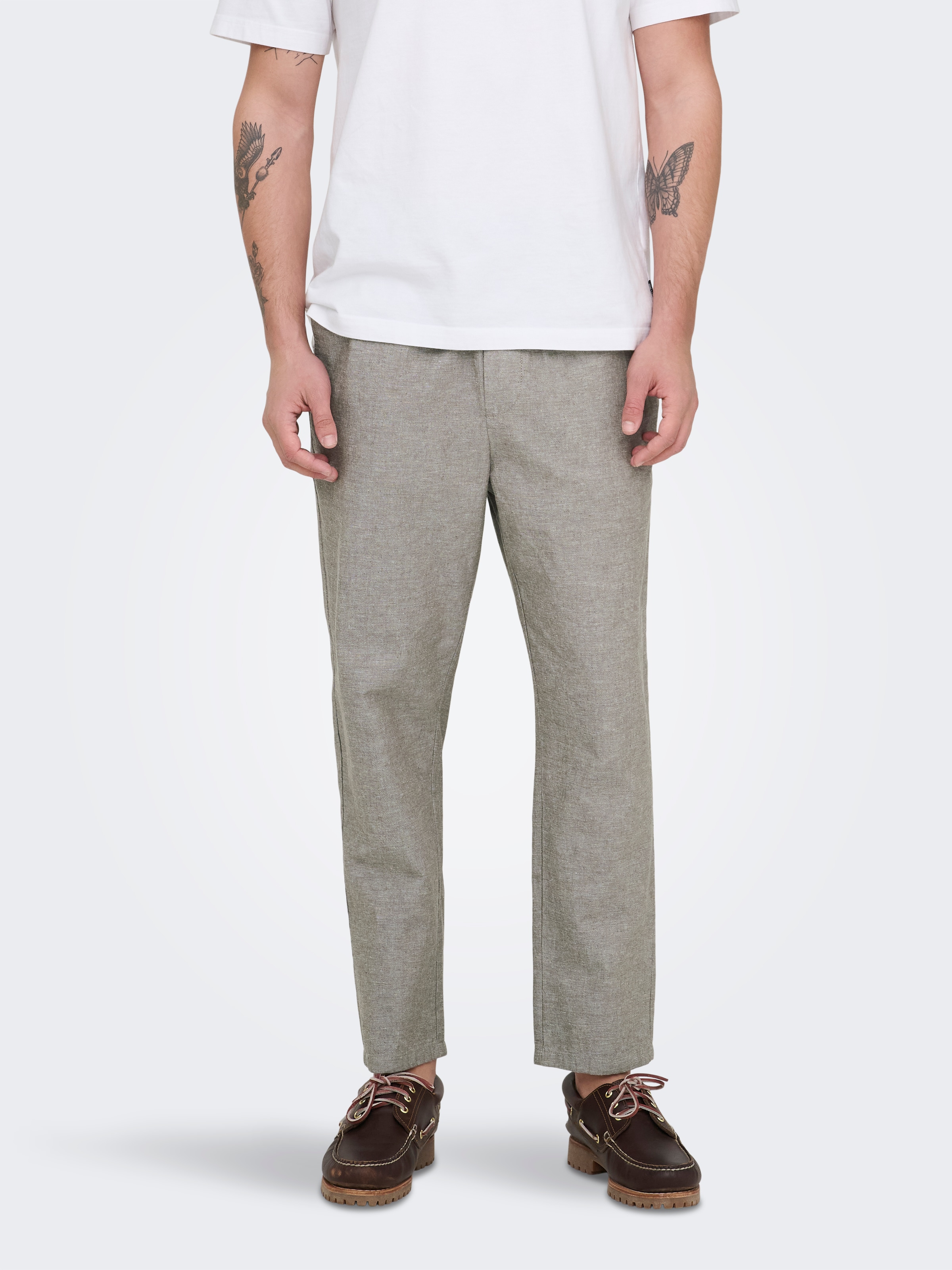 ONLY & SONS Pantalon à enfiler »ONSLINUS CROP 0007 COT LIN PNT NOOS«  coton avec lin, ceinture élastique et cordon