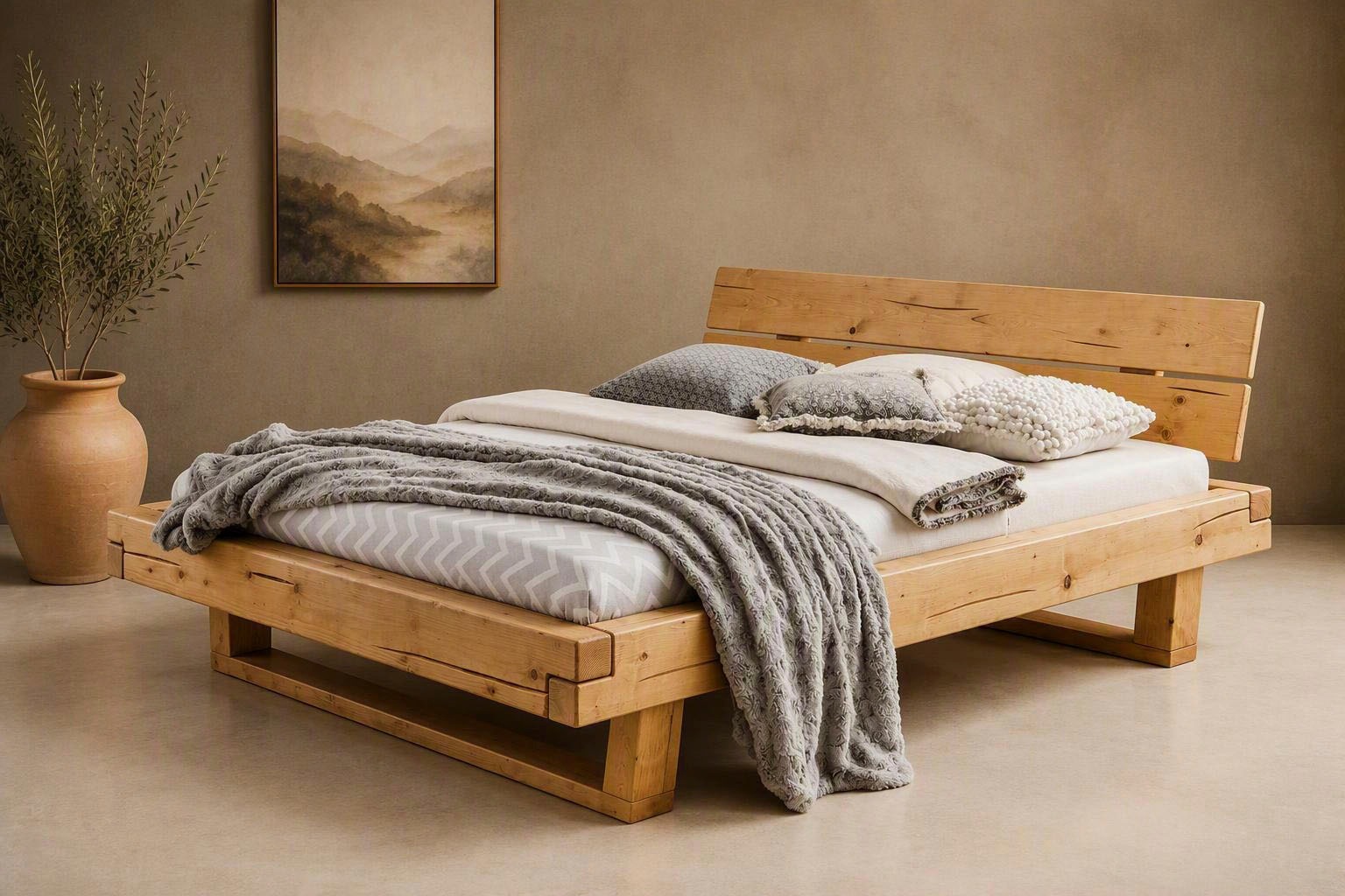 Image of GOODproduct Massivholzbett "Ultima, Balkenbett, Fichte oder Eiche Massivholz, FSC zertifiziert" Skandinavisches Designerstück, Robust, Füsse in Kufenform, Made in EU