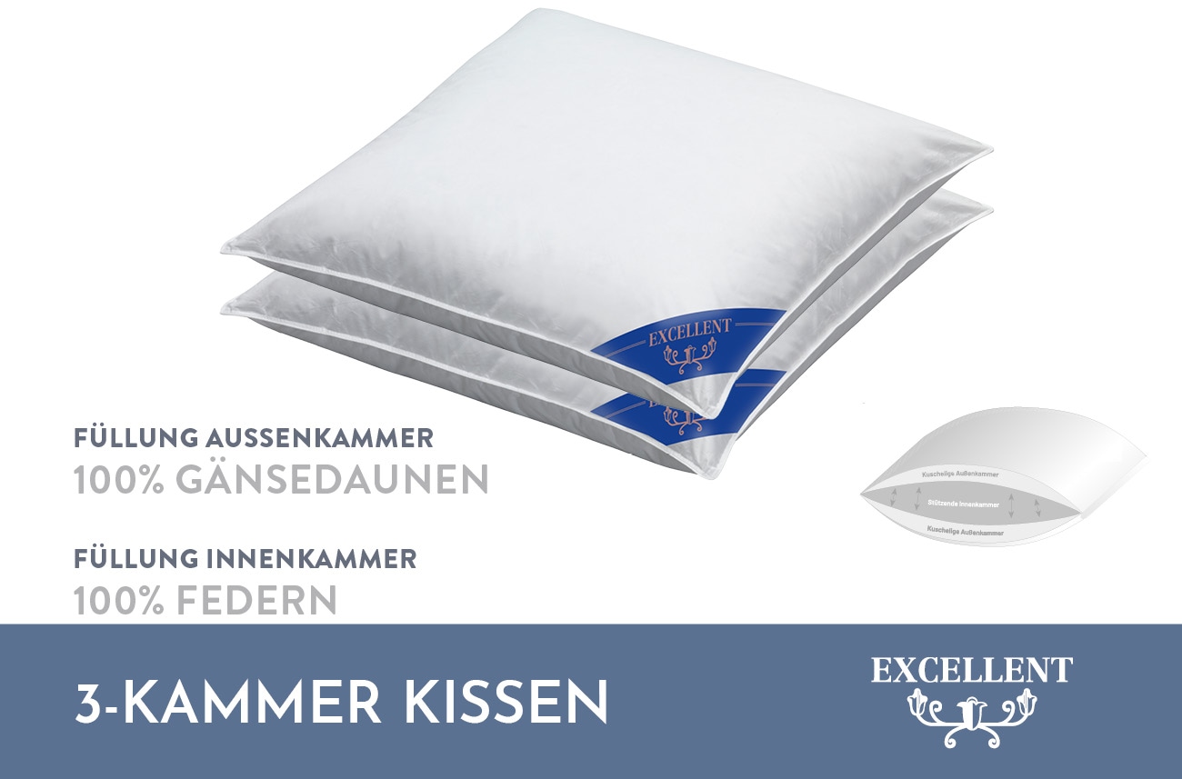 Excellent 3-Kammer-Kopfkissen »Venedig Kissen erhältlich im Einzel- oder Doppelpack!«, Füllung: 60% Daunen Aussenkammer, Bezug: 100% Baumwolle, hergestellt in Deutschland, allergikerfreundlich.