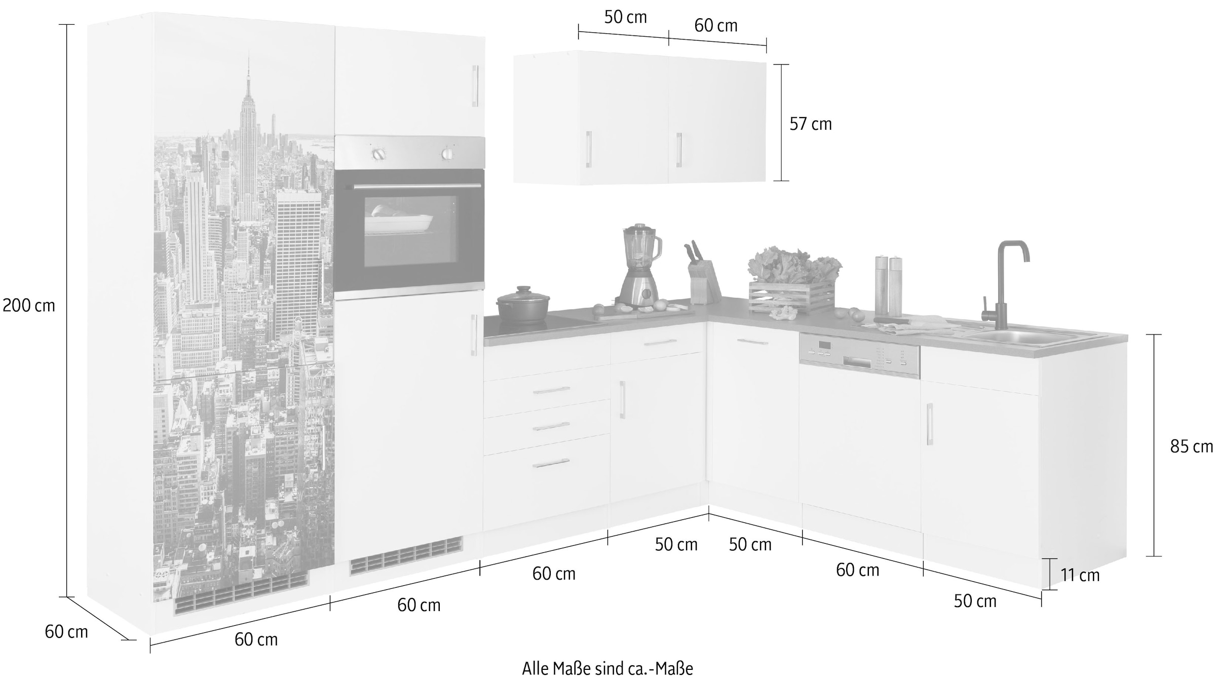 KOCHSTATION Kitchenette »KS-Paris â€“ Küchen mit einzigartigen Fotomotiven auf den Fronten« largeur réglable 290/220 cm, au choix avec appareils électriques et induction