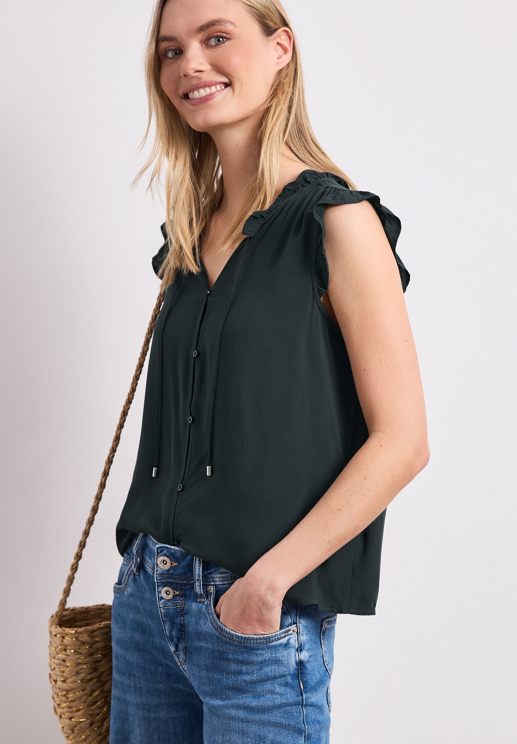 Image of STREET ONE Shirtbluse Sommertop - Split Neck mit Rüschen und Bändern