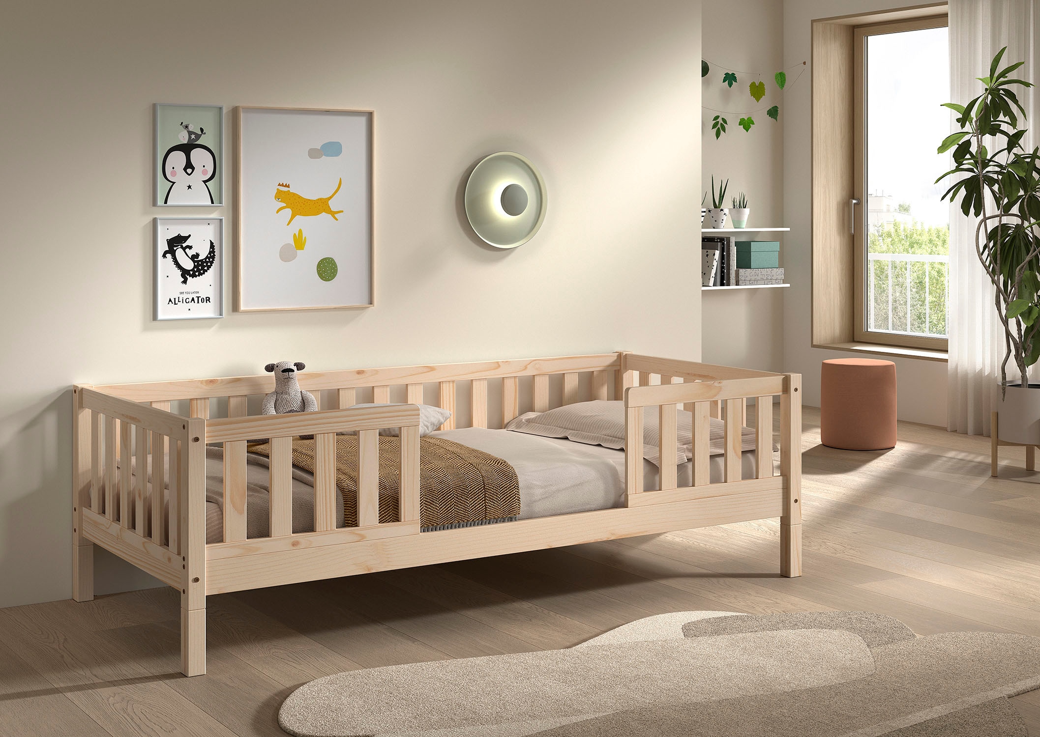 Vipack Kinderbett »Dallas, massiv Bett, Rausfallschutz, umbaubar vom Boden- zum Daybett« inkl. Rolllattenrost und Sprossenumrandung, 90 oder 140x200 cm breit,  stabil und standfest gebaut, wahlweise Kiefer massiv natur oder weiss