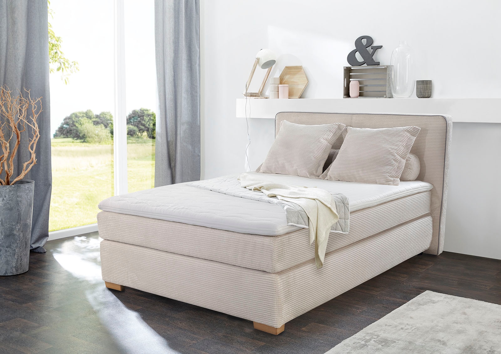 Jockenhöfer Gruppe Lit boxspring »ROMY inkl. 7-Zonen-TTFK-Matratze H3« avec surmatelas en mousse froide, tissu côtelé, pieds en bois massif, 140/180 cm x 200 cm