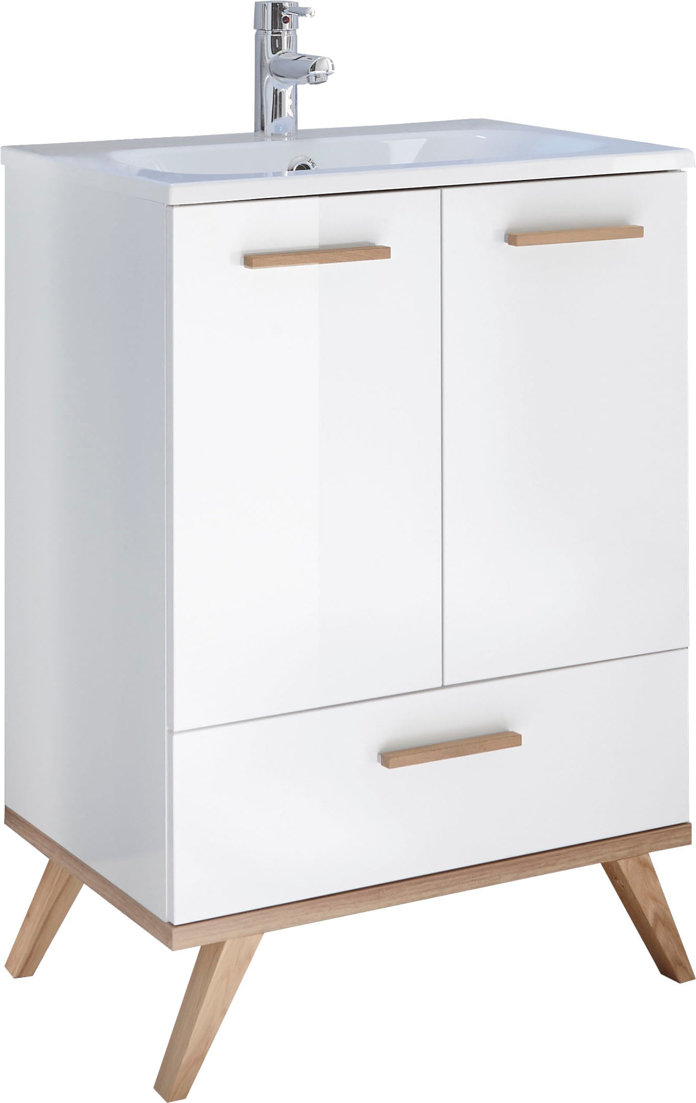 Image of Saphir Waschtisch "Quickset Mineralmarmor-Waschtisch mit Unterschrank, 61 cm breit" Wachplatz, Holzgriffe, inkl. Türdämpfer, 2 Türen, 1 Schublade