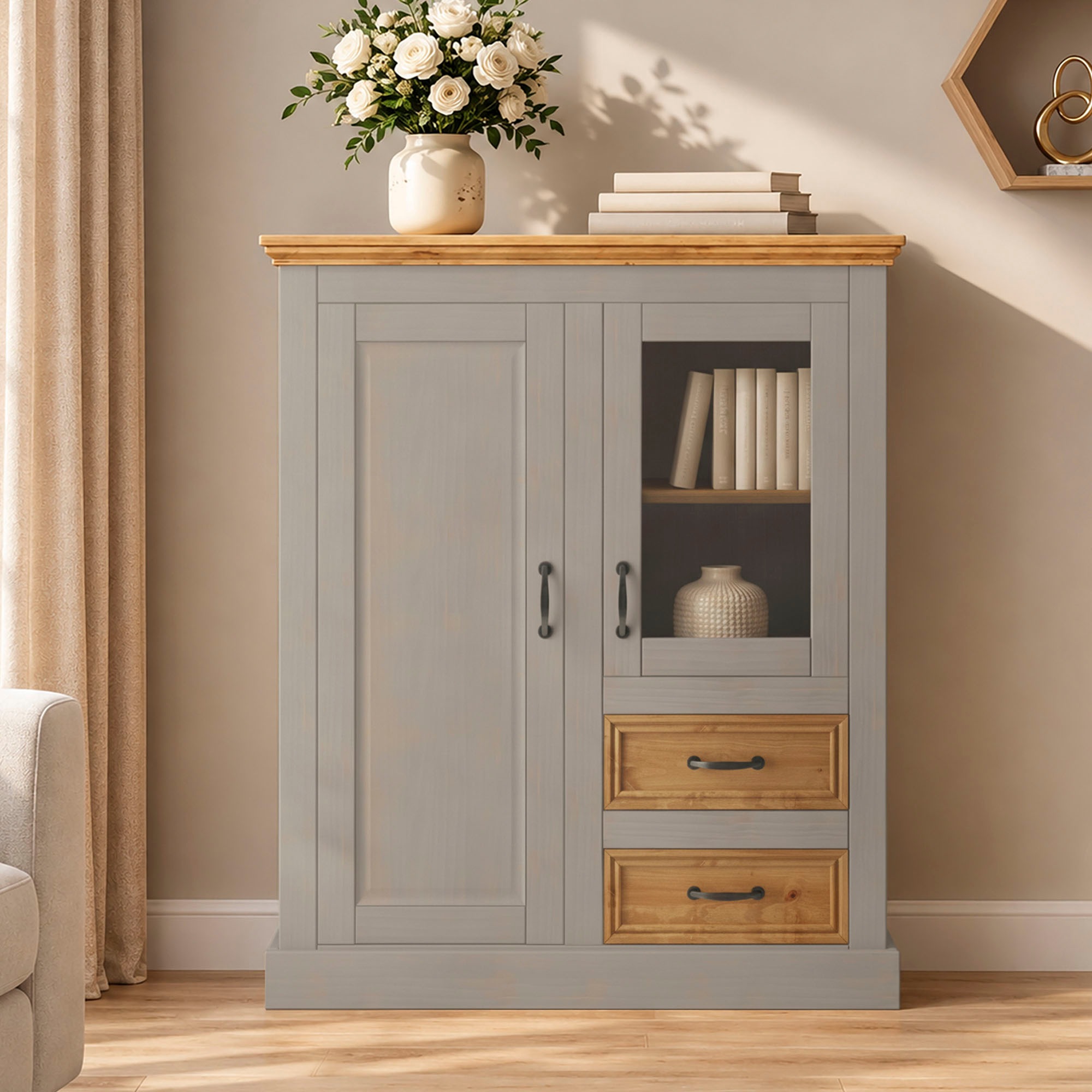 Image of GOODproduct Highboard "Selma Vitrine mit 2 Türen, eine davon mit Glaseinsatz und 2 Schubläden" aus massivem Kiefernholz, mit einer natürliche Maserung, Metallgriffe