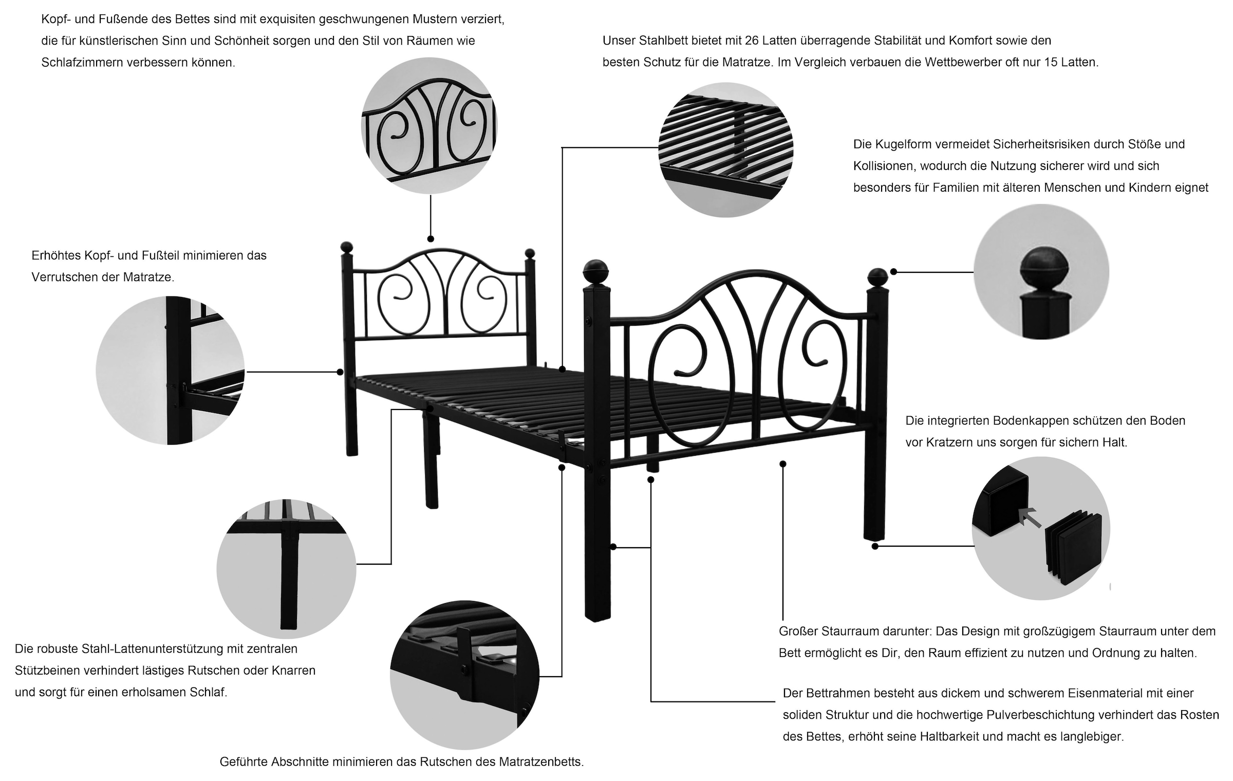GOODproduct Lit en métal »LUND Landhausbett Bett Märchenbett Prinzessinbett« Träume wie im Märchen: Dein romantisches Metallbett in 2 Breiten
