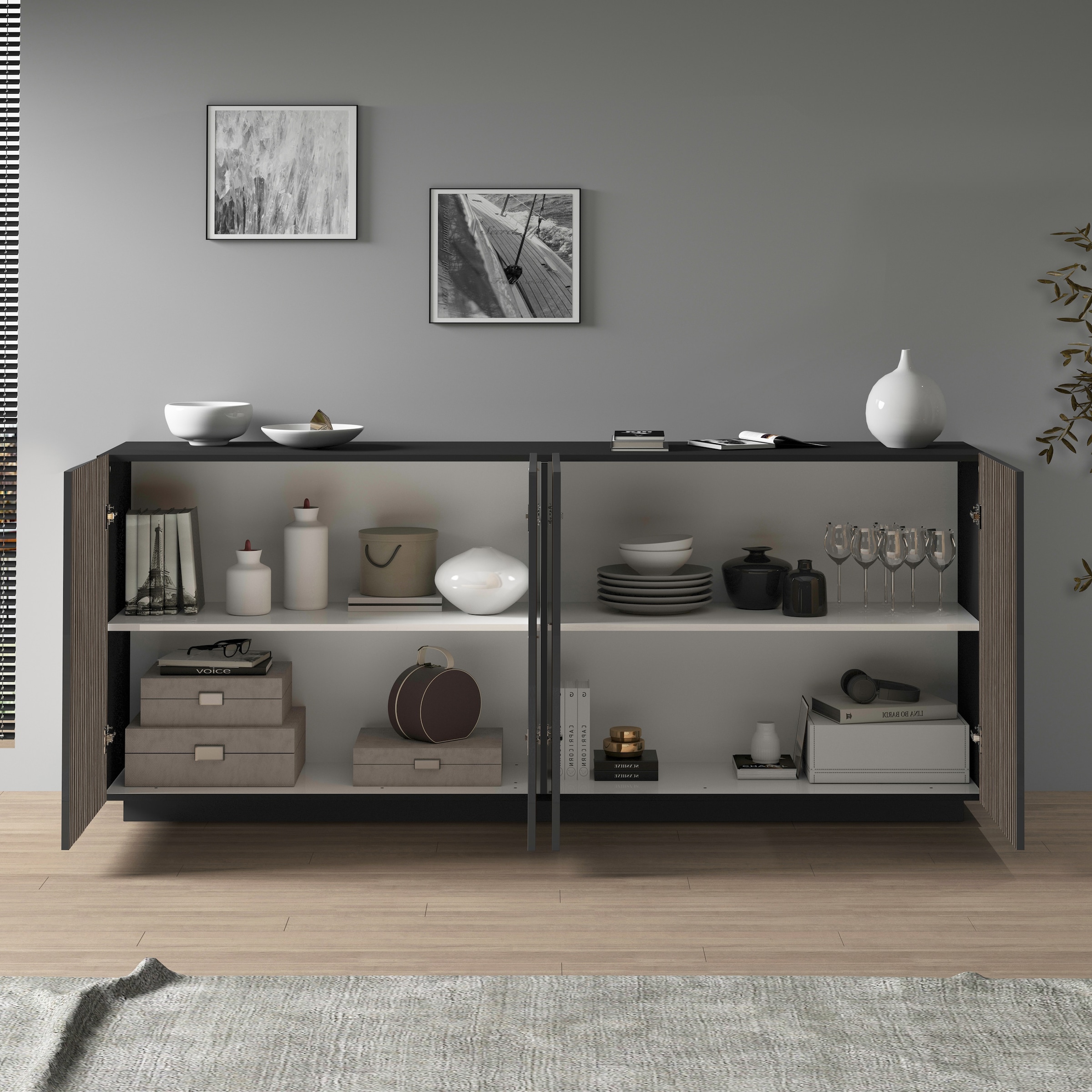 Home affaire Sideboard »Vega Sideboard,Kommode,200 cm« mit 4 Türen,Fronten mit  Rillen-Optik