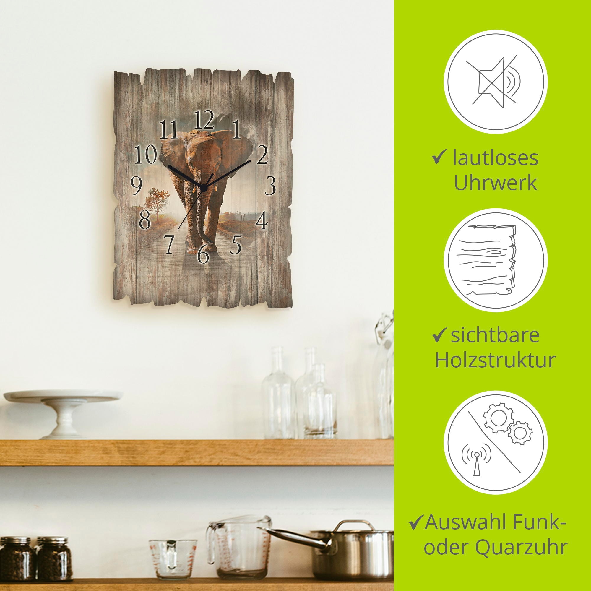 Artland Wanduhr »Ein Elefant läuft auf der Strasse« wahlweise mit Quarz- oder Funkuhrwerk, lautlos ohne Tickgeräusche