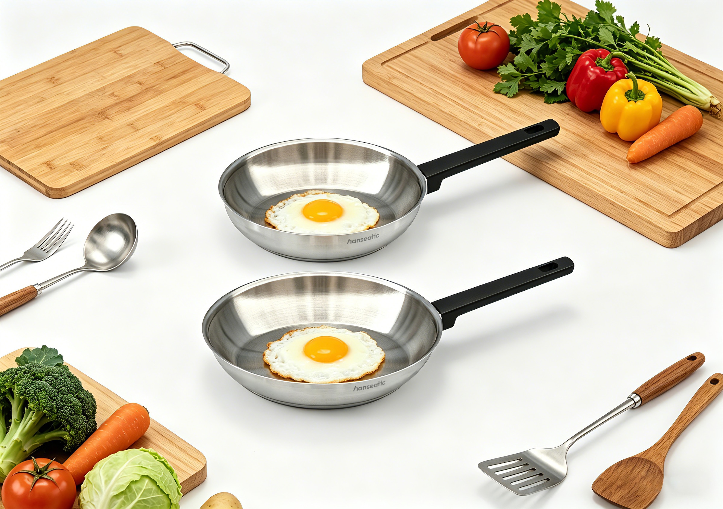 Hanseatic Set de poêles »SMART« Acier inoxydable 18/10 Ensemble, 1 poêle Ø 24 cm et 28 cm, 2 tlg. sans revêtement, économe en énergie, pour tous types de plaques, y compris induction