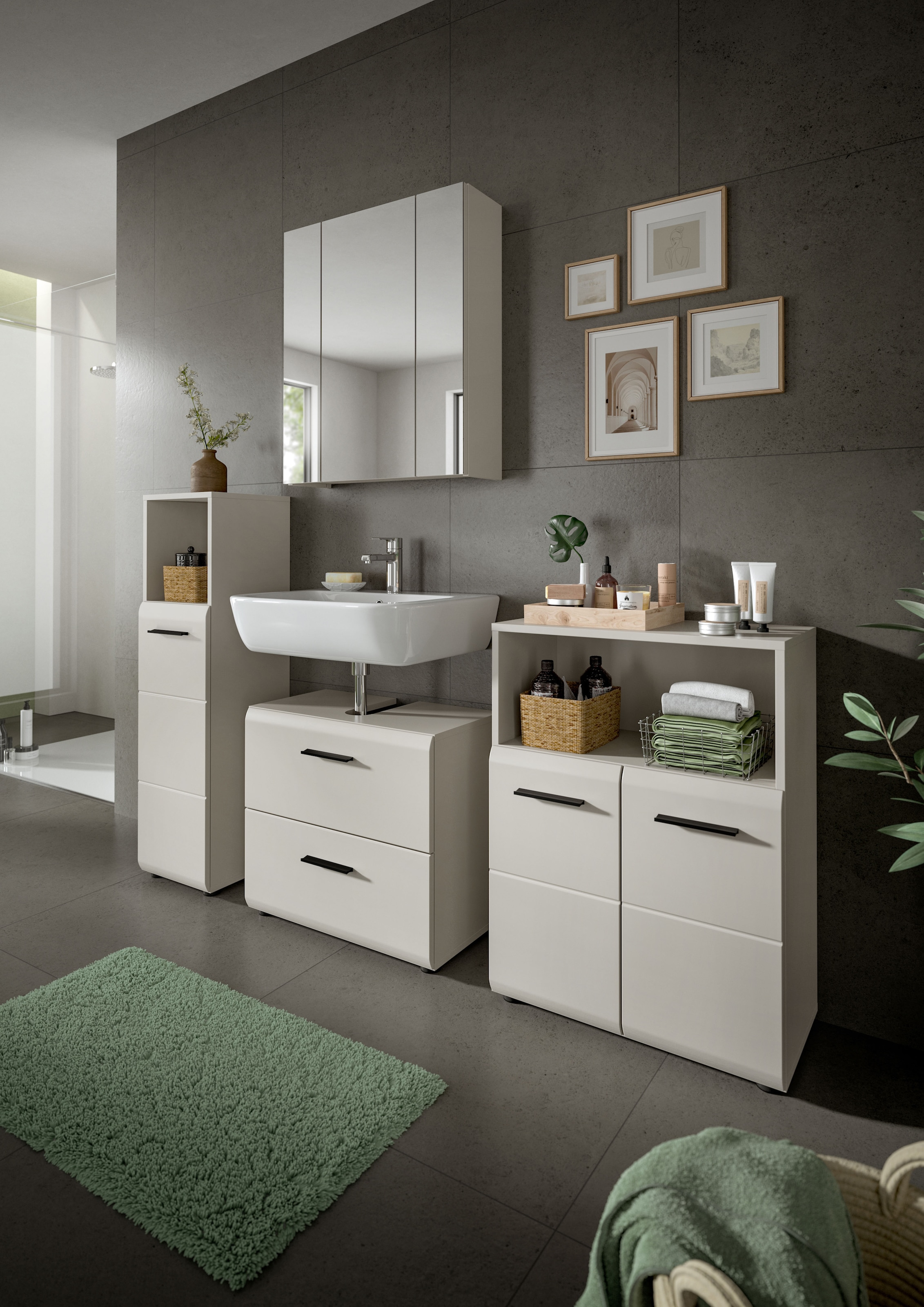 welltime Armoire intermédiaire »FLORENZ,  Breite 60 cm, 2 Türen, 1 Fachboden, 1 offene Fach« TOPSELLER!, 1 cuis tlg. hochwertige MDF Front, Griff schwarz, Badschrank, Bad