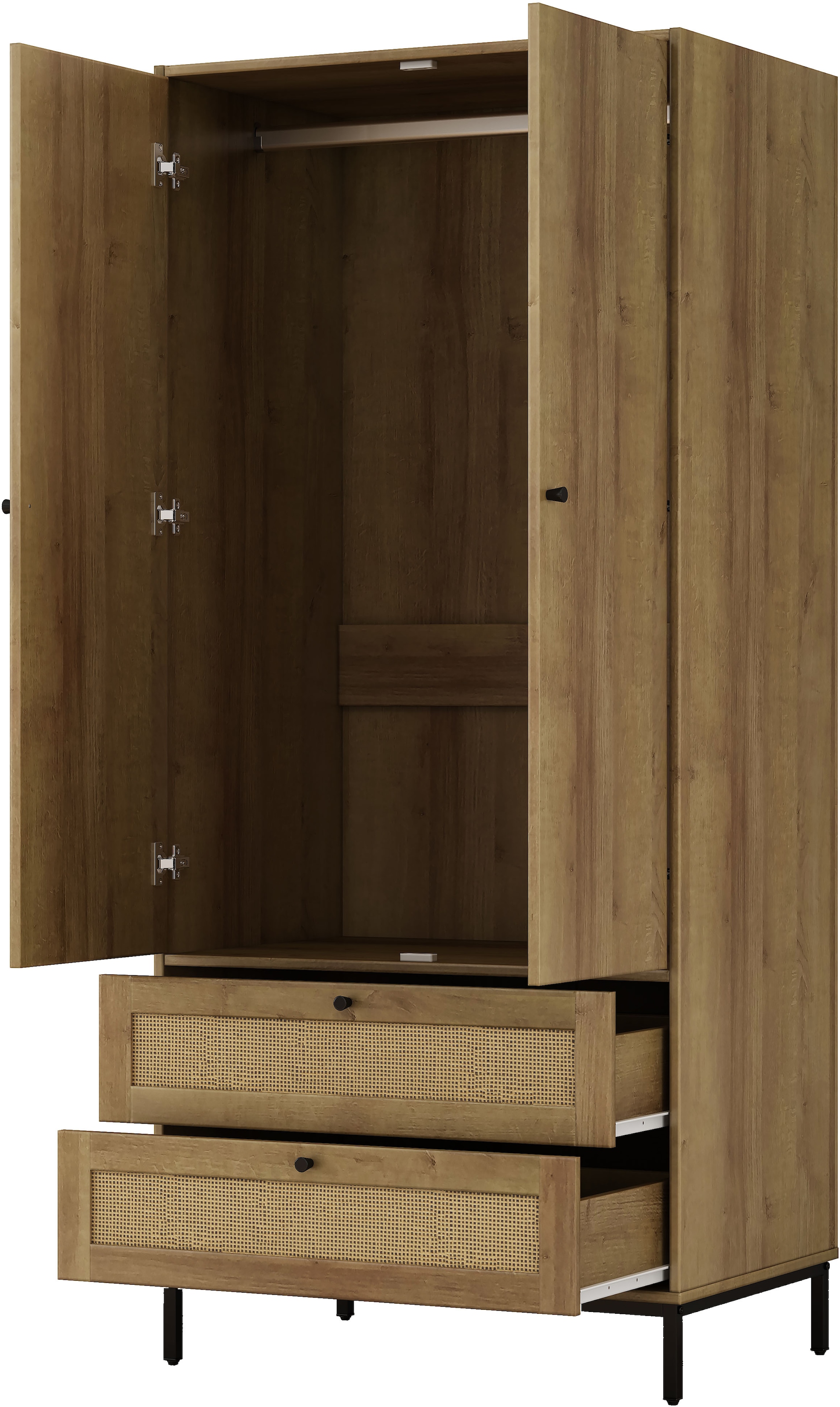 GOODproduct Armoires à vêtements »Motala Schlafzimmerschrank Garderobe Boho Eichen-Design Bestseller« Moderne schwarze Griffe, Schublade mit Geflecht,  Schlafzimmerschrank mit 2 Türen und 2 Schubladen