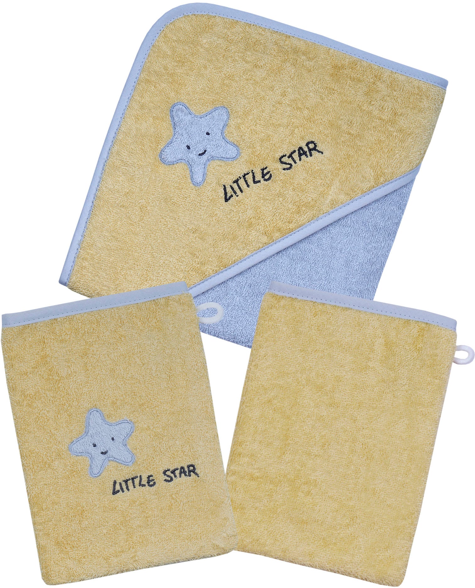 Image of Wörner Handtuch Set "Little Star Kapuzenbadetuch mit 2 Waschhandschuhen" mit Stickerei Stern mit Schriftzug
