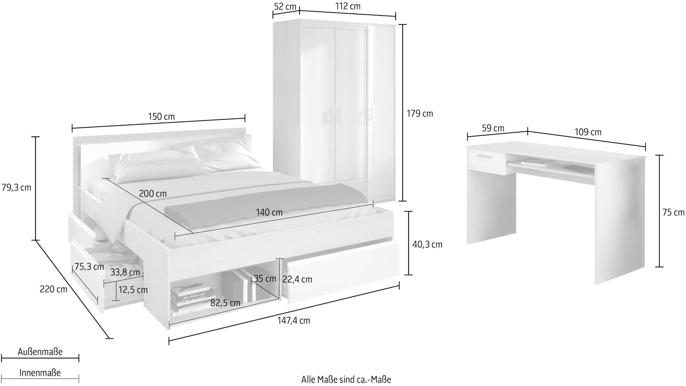 Parisot Jugendzimmer-Set »Most«, (Set, 3 tlg., Bett mit Schubkästen, Kleiderschrank und Schreibtisch)