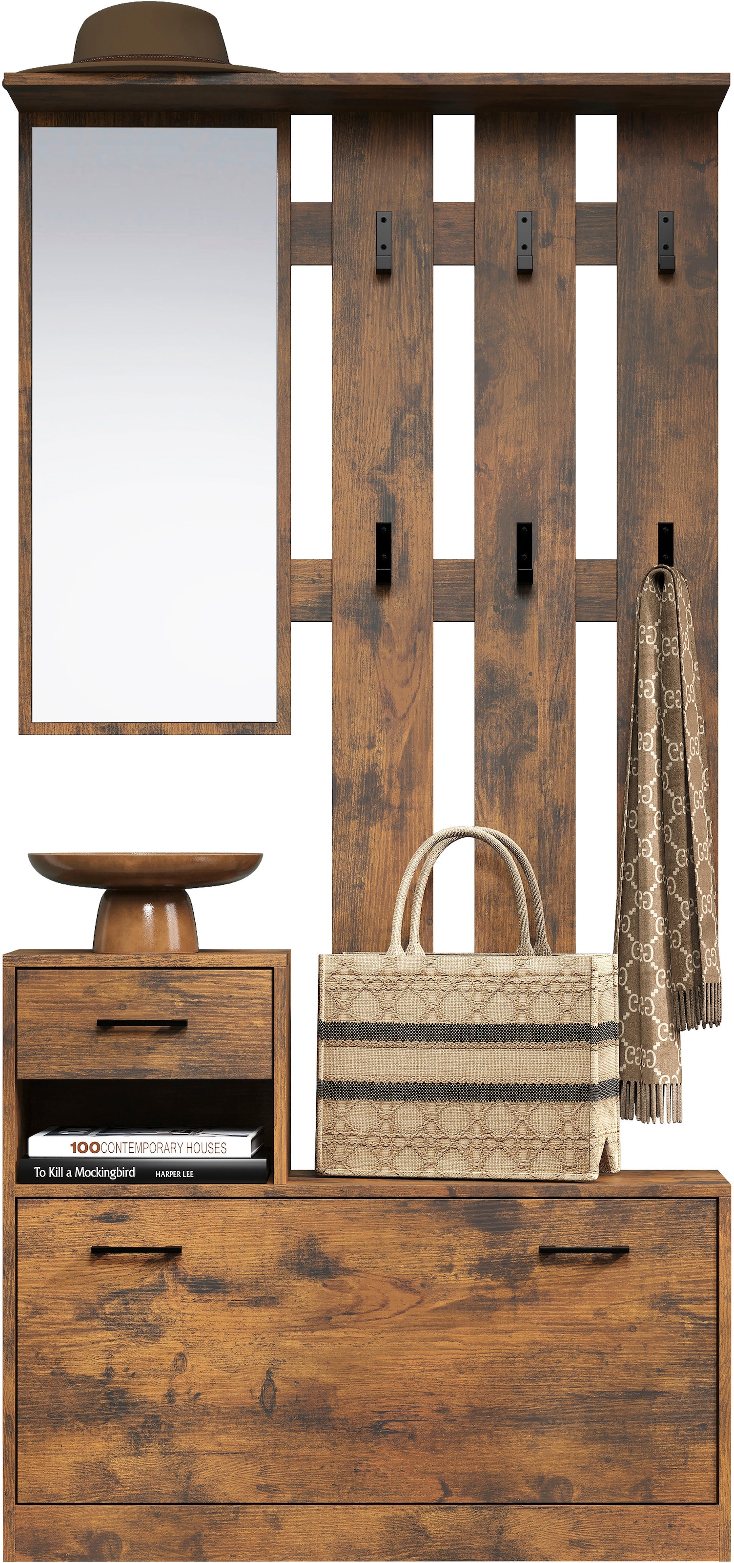 INOSIGN Garderoben-Set »Basel«, (Komplett-Set, 2 St.), Schuhkipper mit Schuhkasten, Paneel mit Spiegel und Haken