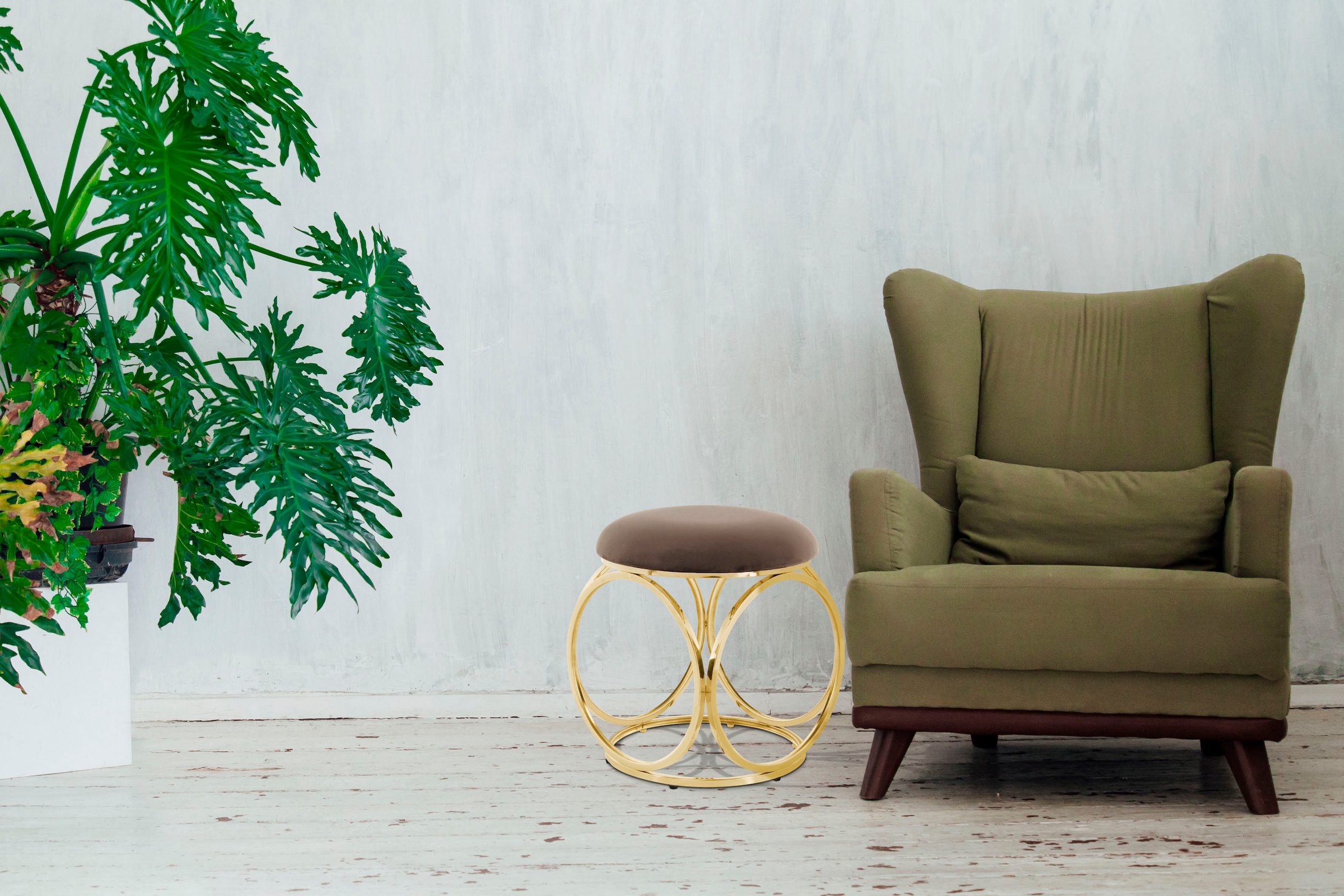 Image of Kayoom Sitzhocker "Hocker Whitney 325,Hocker mit offenem Design, Gestell aus Metall" 1 Stk. tlg. glamourös, hochwertig, pflegeleicht, rundes Sitzkissen