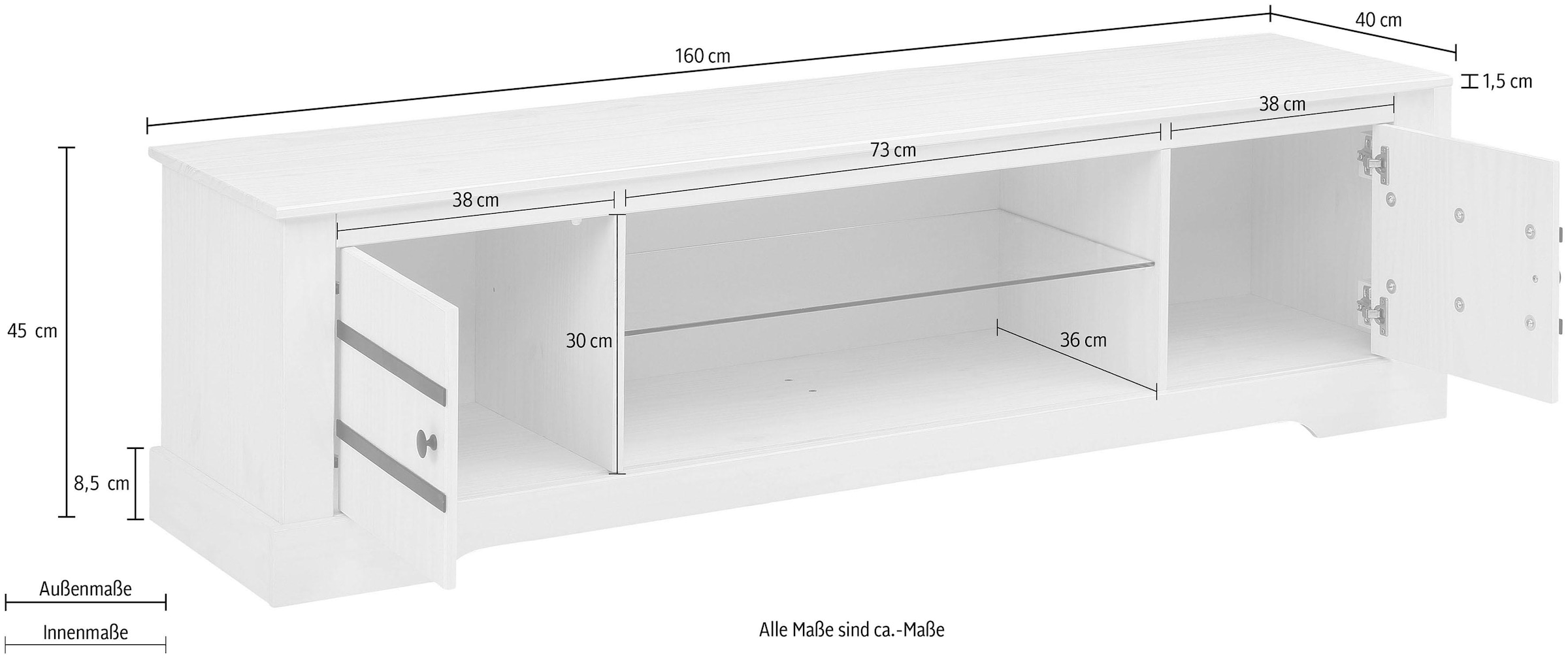 Home affaire Lowboard, aus massivem Kiefernholz, mit einem festen Glasboden, Breite 160 cm