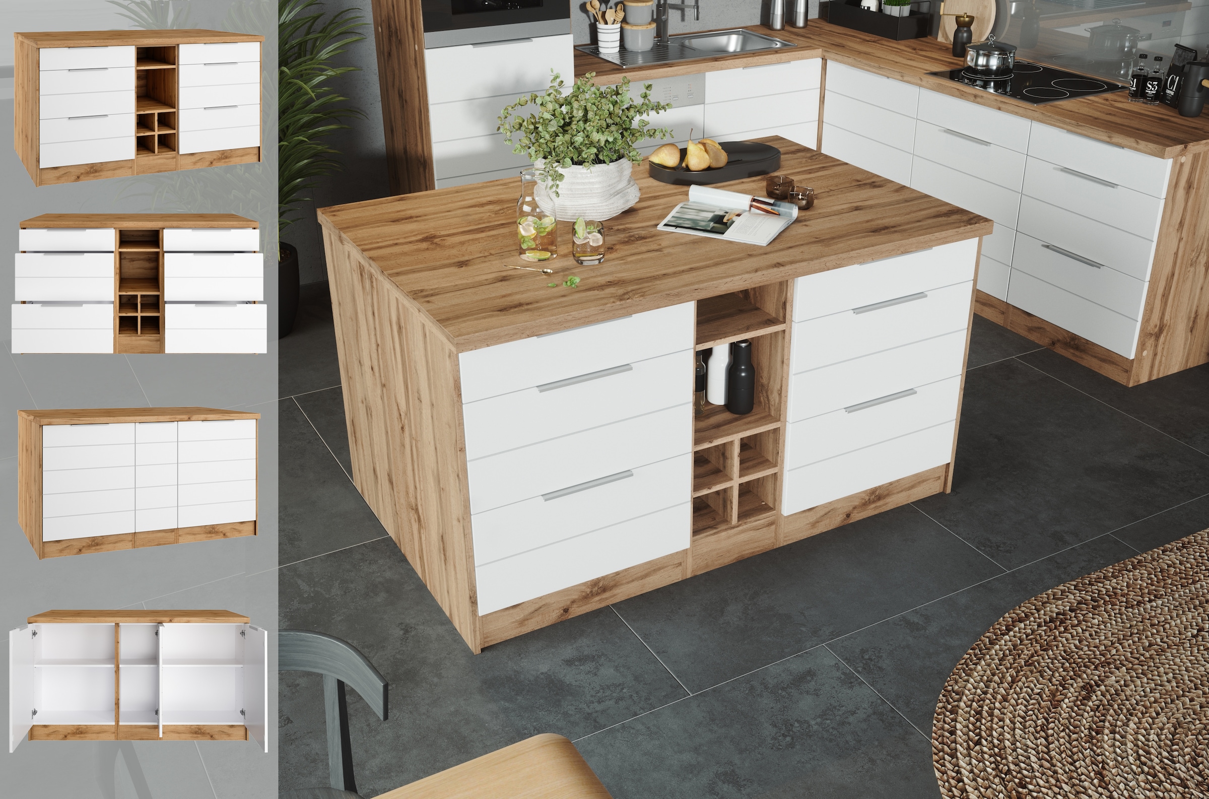 KOCHSTATION Kücheninsel »KS-Luhe, Breite 153 cm, mit Flaschenregal« MDF-Fronten, Arbeitsplatte 38mm stark