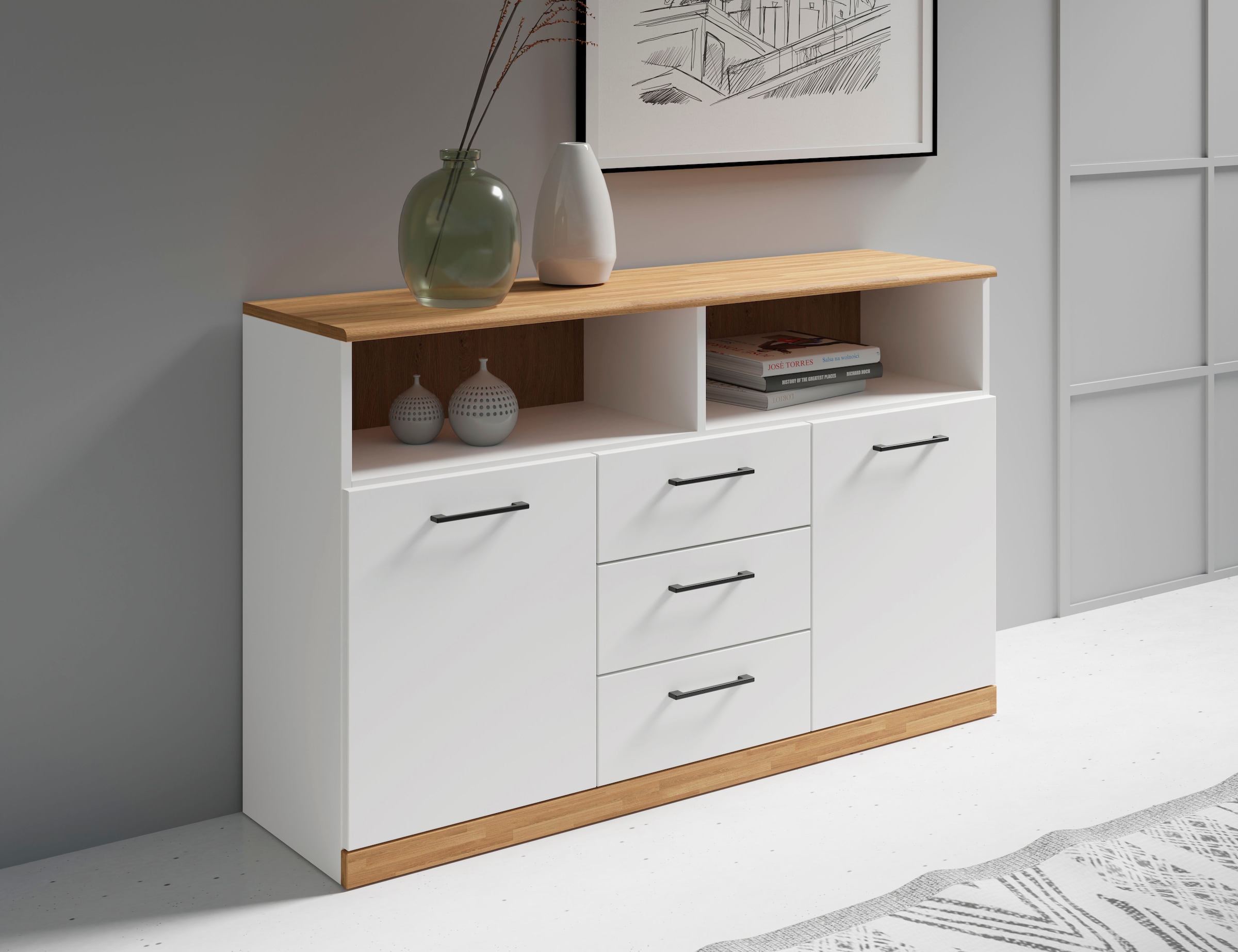 Home affaire Sideboard »Ribe,130cm breit,80cm hoch, 6 Fächer«, Oberplatte Eiche massiv,schwarze Metall Griffe