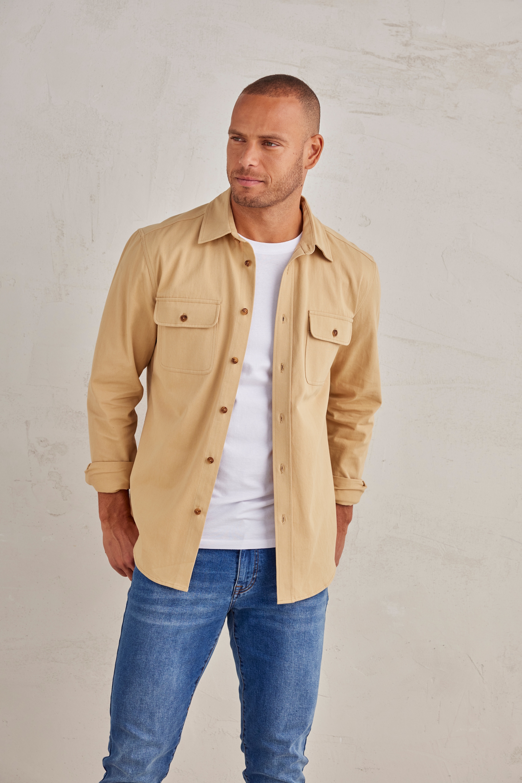 Image of John Devin Langarmhemd Overshirt aus reiner Baumwolle, mit aufgesetzten Taschen