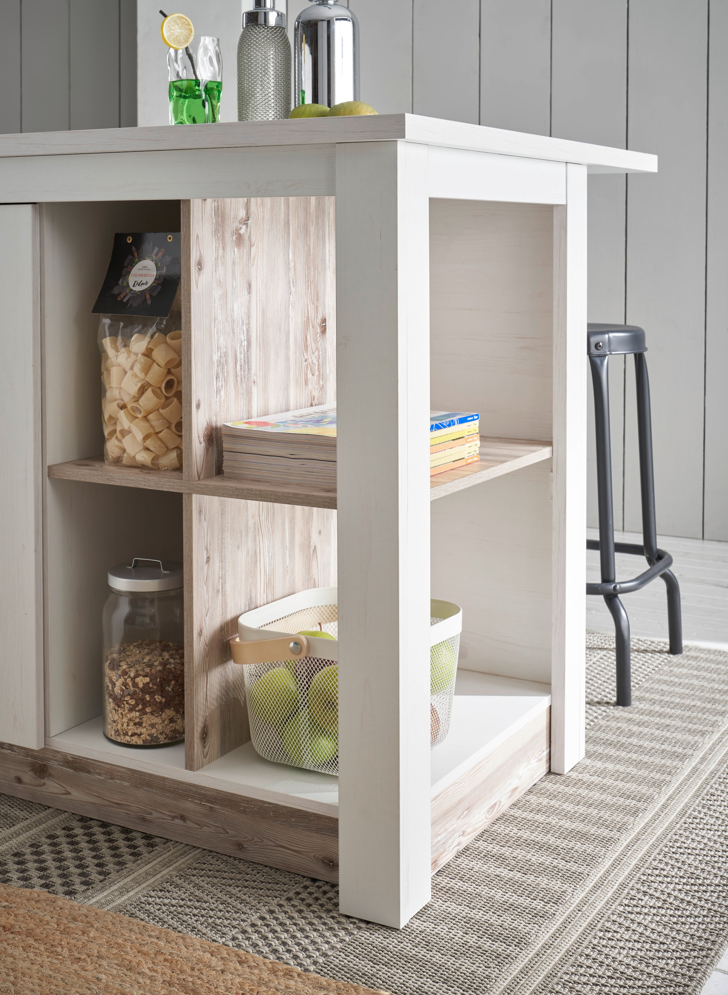 Home affaire Kücheninsel »Florenz, Küchenblock in Pinie Weiss, Kochinsel, Küchenarbeitsblock« Breite 161 cm, mit verschnörkeltem Metallgriff, Arbeitshöhe 92 cm