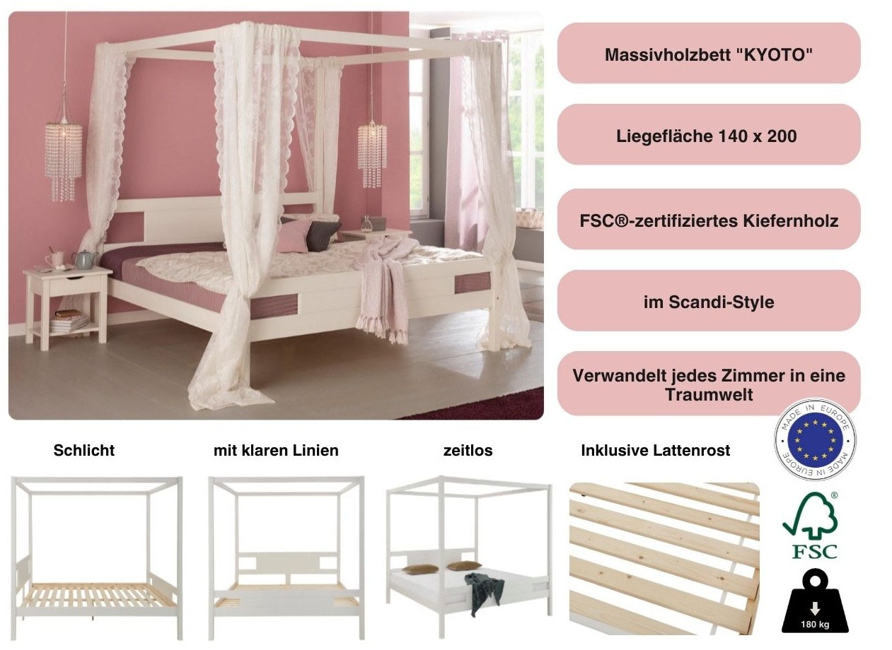 GOODproduct Lit en bois massif »"KYOTO" Himmelbett« zertifiziertes Massivholz (Kiefer)