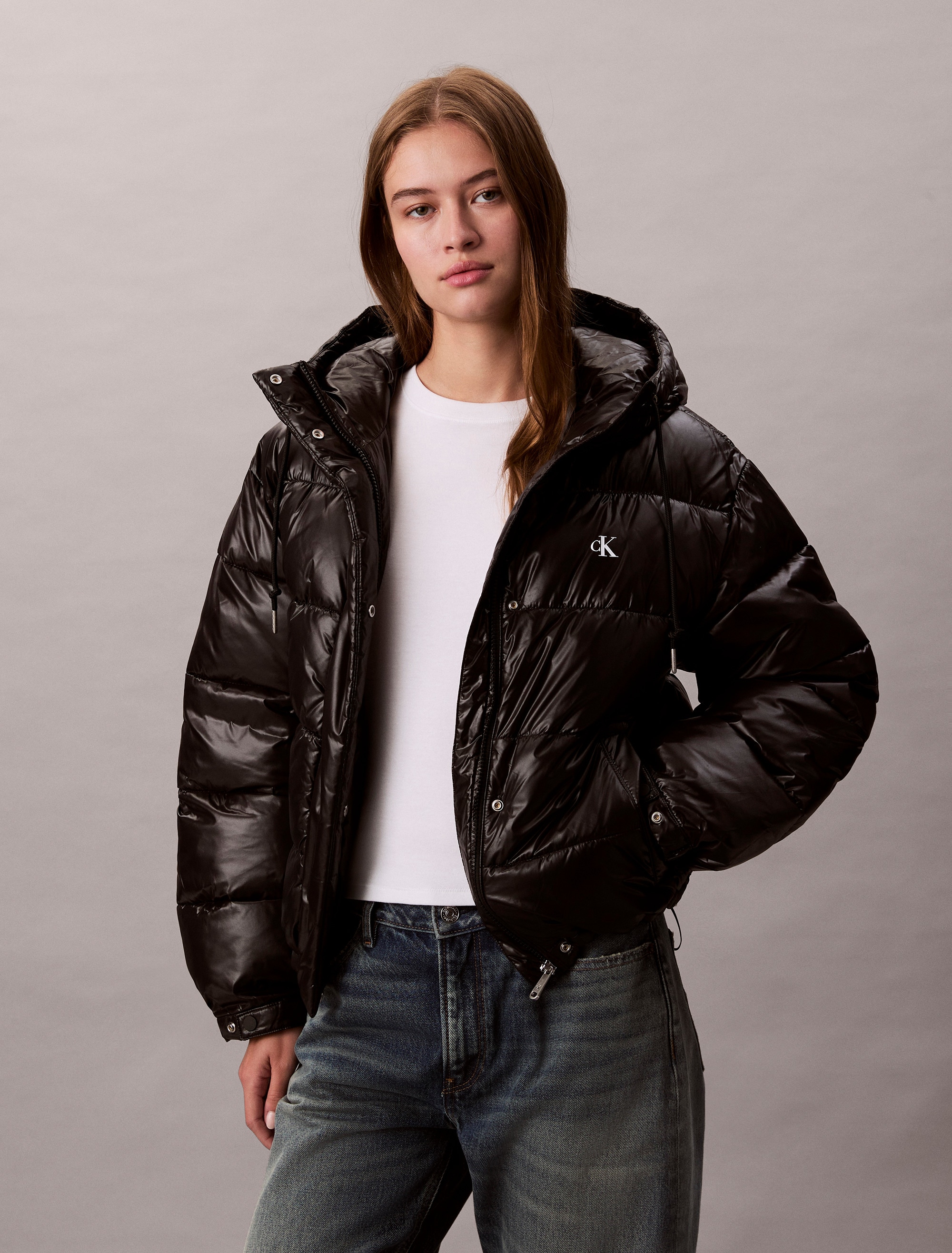 Calvin Klein Jeans Steppjacke »SHINE PUFFER« mit Kapuze regular fit, mit Kapuze, glänzendes Material