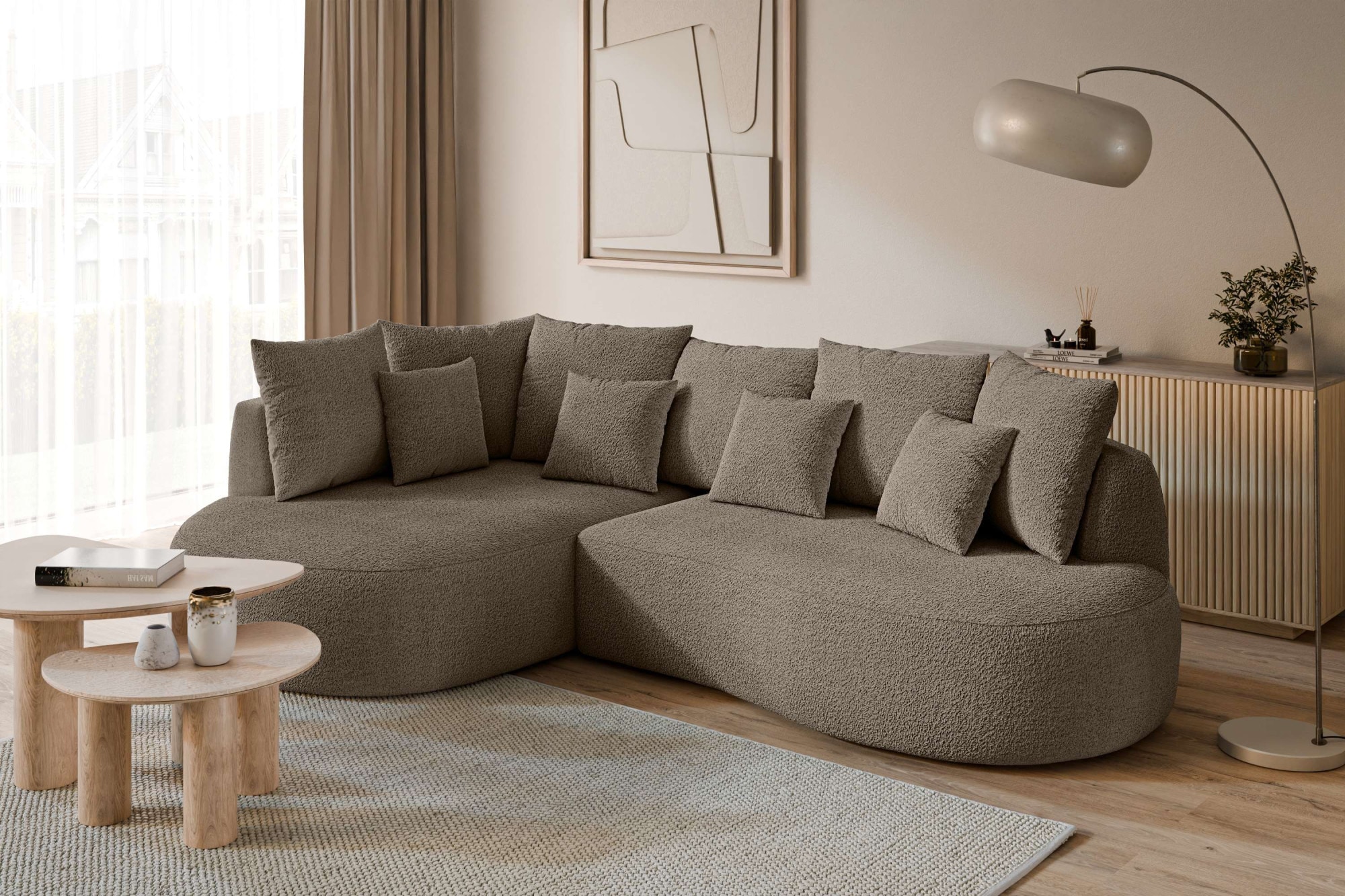 homsy by Ana Johnson Canapé d'angle »PEBBLA L-Form mit vielen Kissen, modernes Design, Bezug- Boucle« Largeur 267 cm, canapé design avec ottomane commandable à droite/gauche