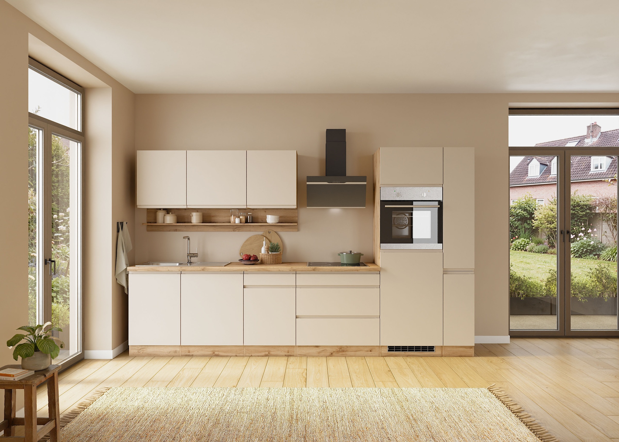KOCHSTATION Küchenzeile "KS-Virginia,neu in verbesserter Ausführung" Arbeitsplatte 38 mm stark, Stauraum, Softclose, Breite 330 cm, Soft-Close, ohne E-Geräte
