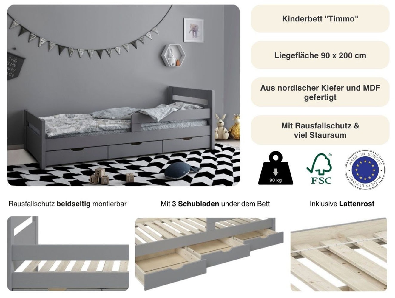 GOODproduct Kinderbett »"TIMMO " , inklusive 3 Schubkästen« bodentief, mit Rausfallschutz, zertifiziertes Massivholz