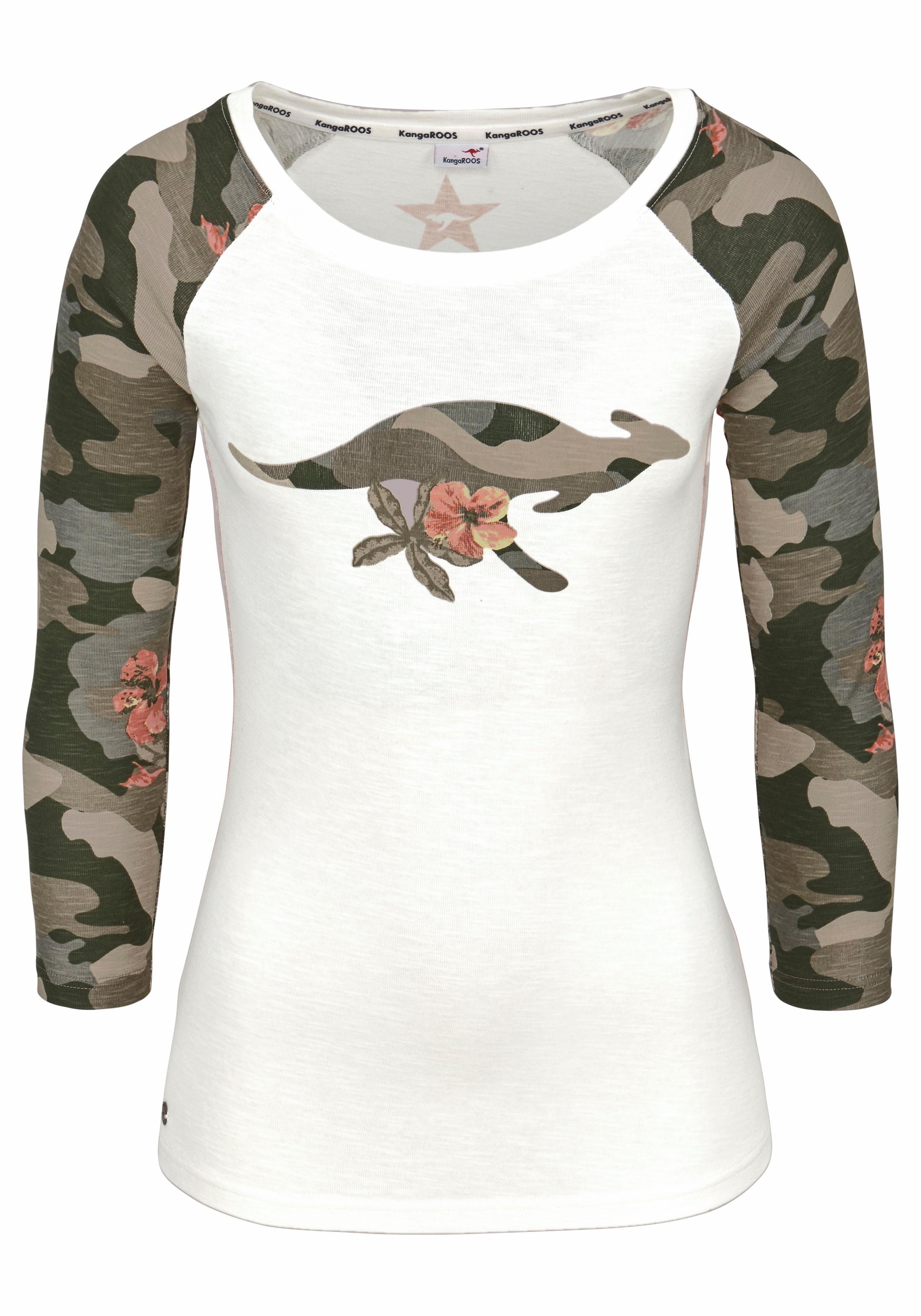 KangaROOS 3/4-Arm-Shirt, mit tarnfarbenen Camouflage-Ärmeln und Front-Print