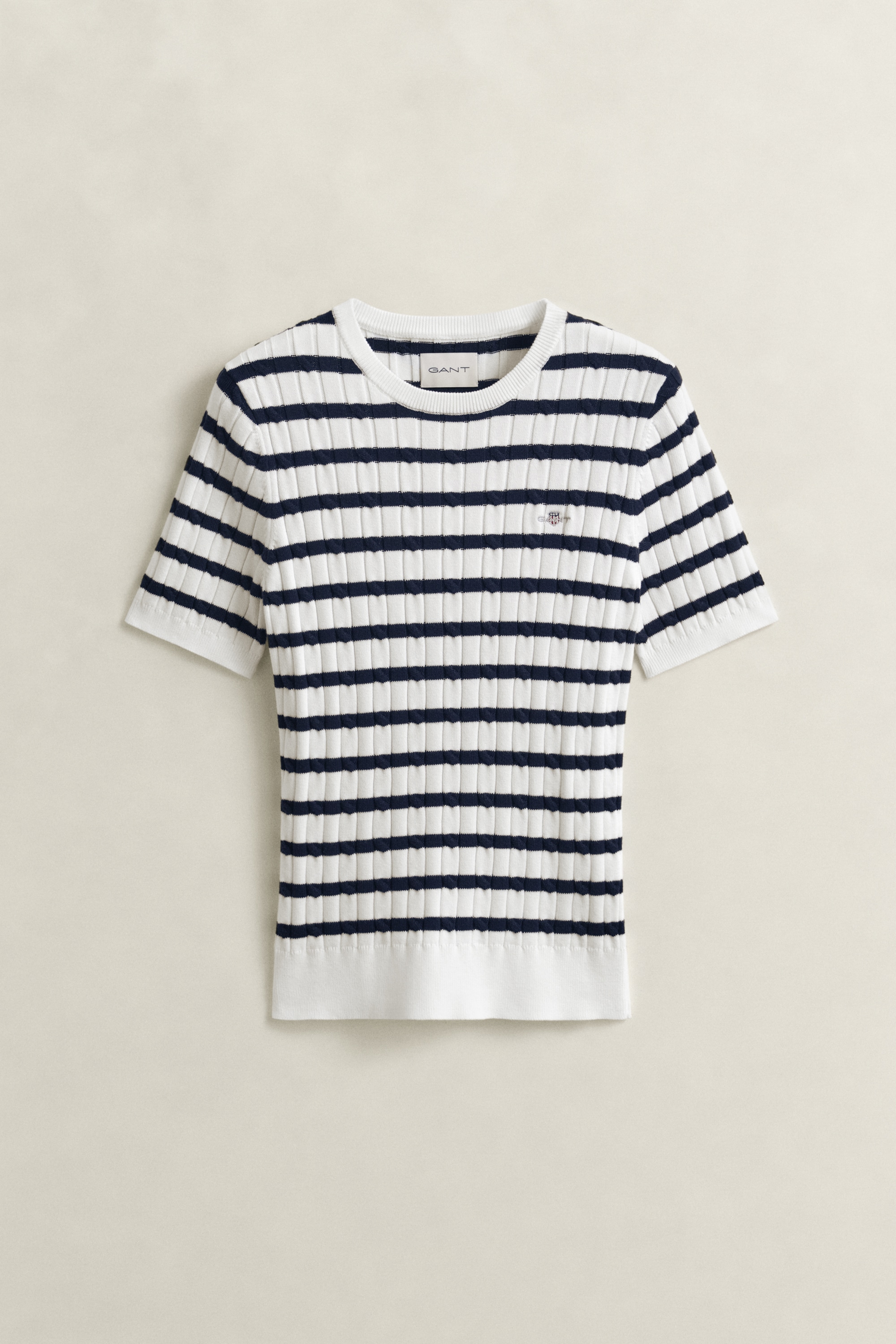 Gant Pull à manches courtes »STRETCH COTTON CABLE STRIPE SS« Gestreifter Zopfstrick, Rundhals, Schmale Passform