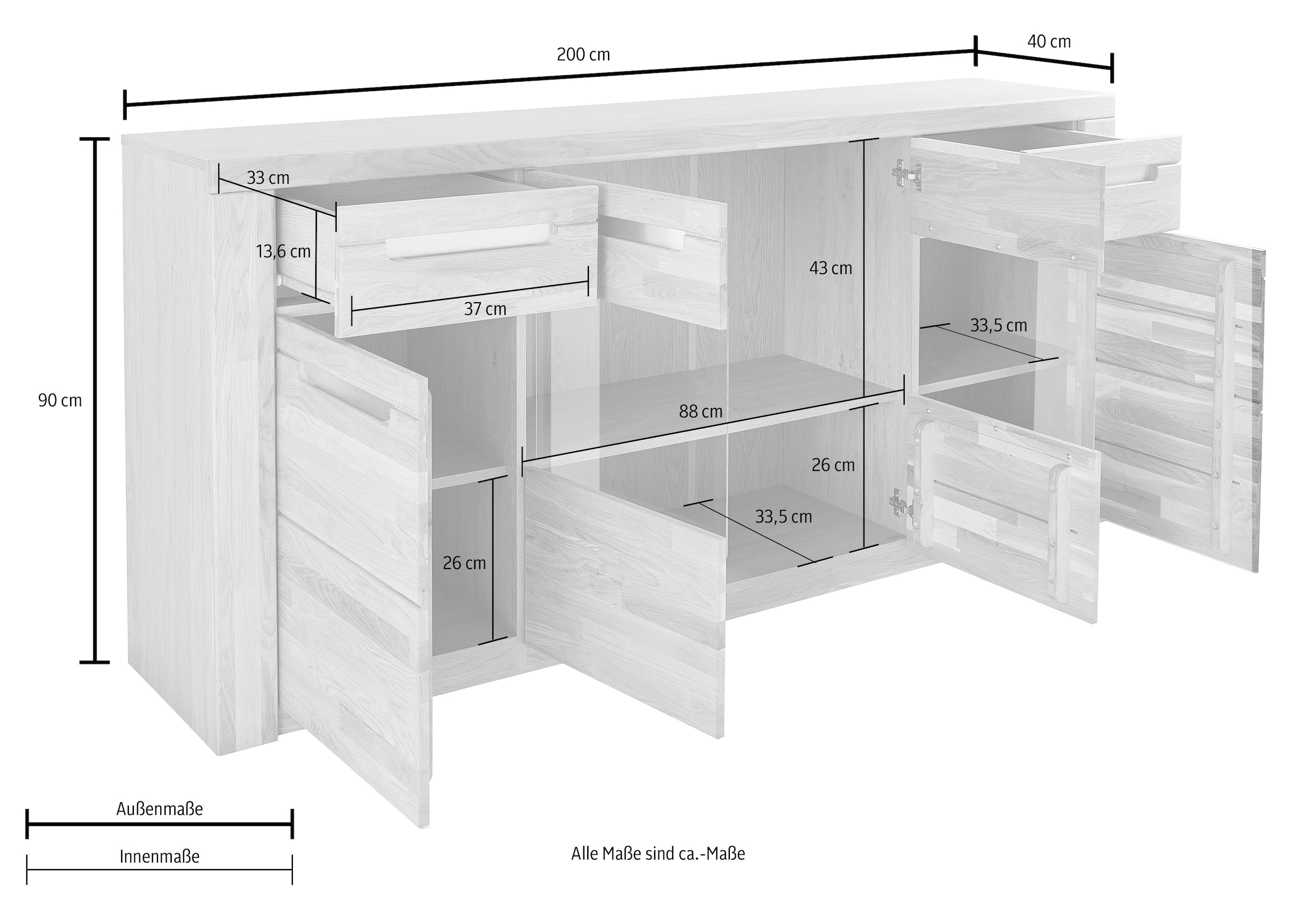 Home affaire Sideboard »Kolding«, Breite 200 cm mit 2 Glastüren und 2 Holztüren