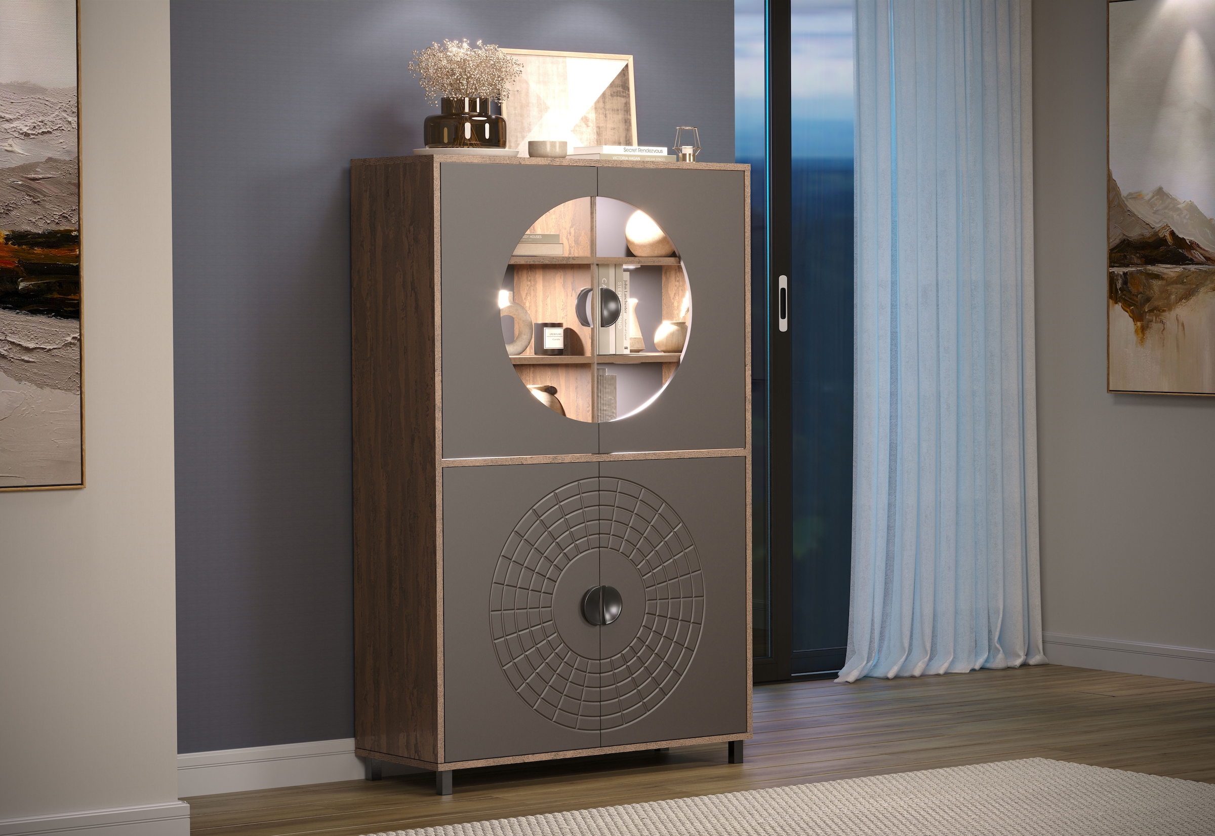 INOSIGN Hochkommode »Fusion« 1 Stk. tlg. Vitrine mit besonderem Kreismuster - Hochzeitsschrank in Vintageoptik