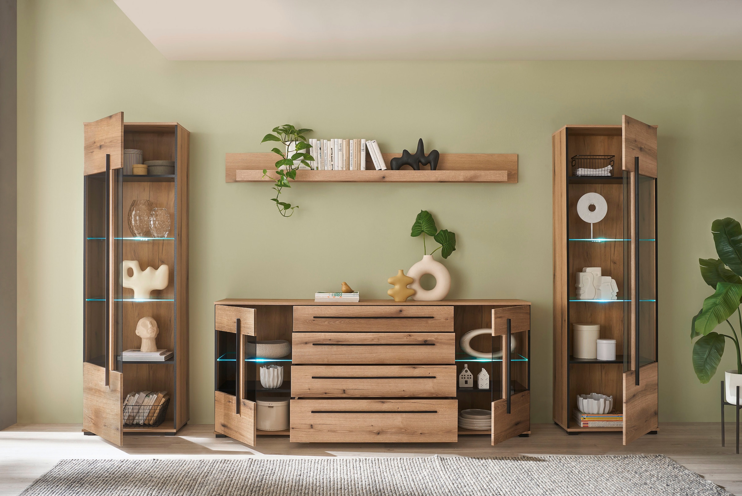 INOSIGN Wohnwand »Cantara, moderne Anbauwand, Wohnzimmer-Set, in Eiche Evoke oder Weiss«, (Set), enthält zwei Vitrinen, ein Sideboard und ein Wandboard