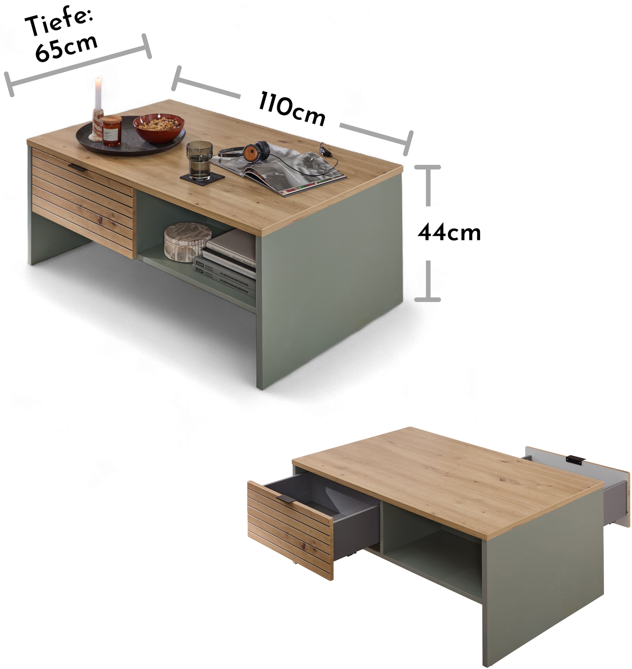 Innostyle Table basse »INA Couchtisch, 110 x 44 x 65 cm (B/H/T)« 1 cuis tlg. 2 tiroirs, 2 compartiments ouverts