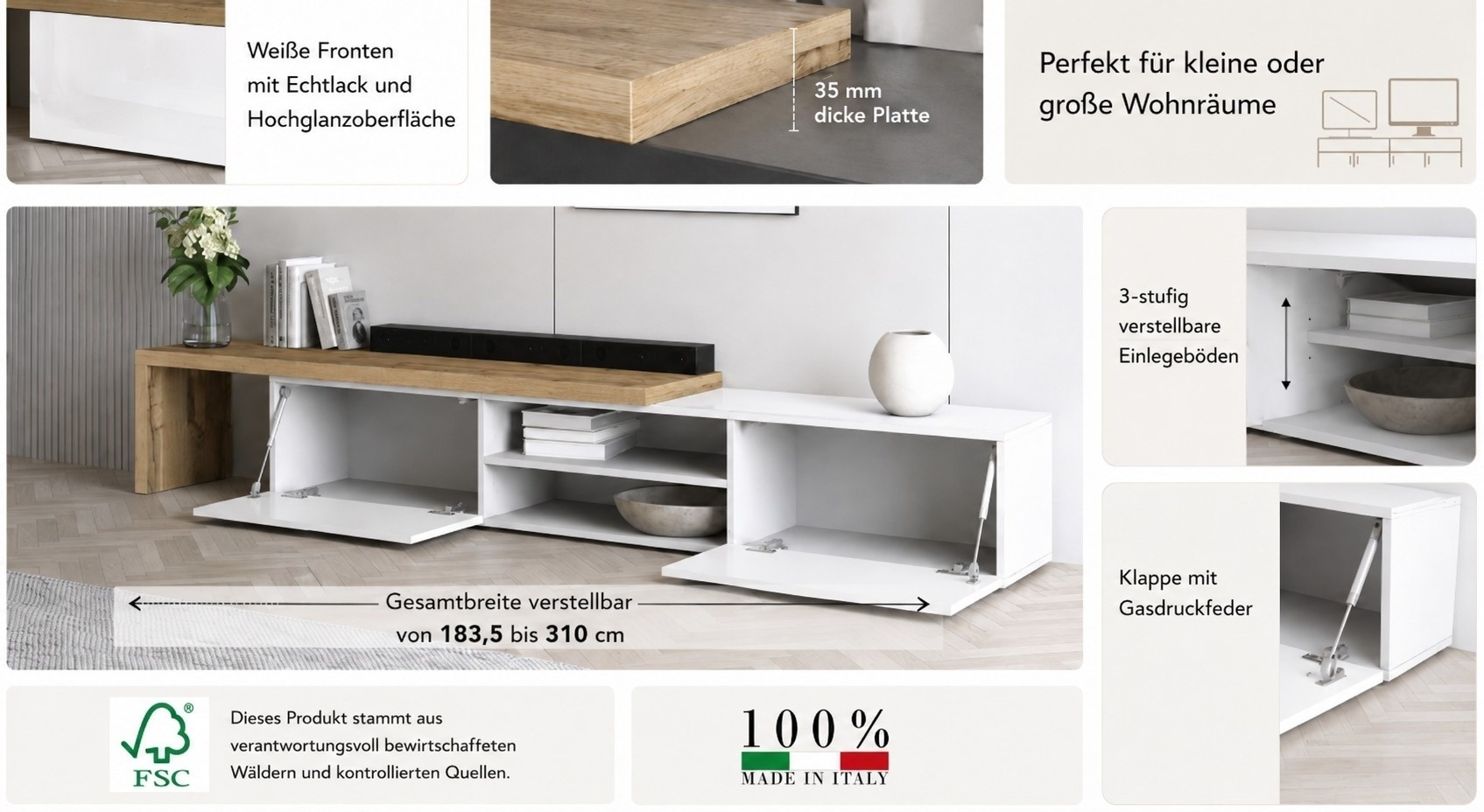 GOODproduct Lowboard »New Garda,Lowboard mit Aufsatz,TV-Board mit Ausatz,TV-Schrank-Tv Bank« 1 Stk. tlg. Breite verstellbar v. 183 bis 310 cm,2 Klappen  und L-Förmiger Aufsatz