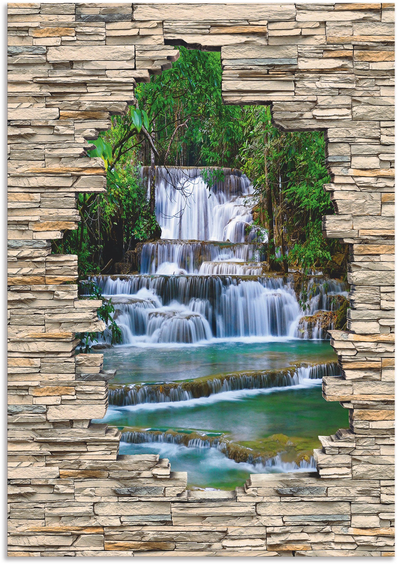 Image of Artland Wandbild »Tiefen Wald Wasserfall Stein Mauer Blick«, Wasserfallbilder, (1 St.), in vielen Grössen & Produktarten - Alubild / Outdoorbild für den Aussenbereich, Leinwandbild, Poster, Wandaufkleber / Wandtattoo auch für Badezimmer geeignet bei Acker