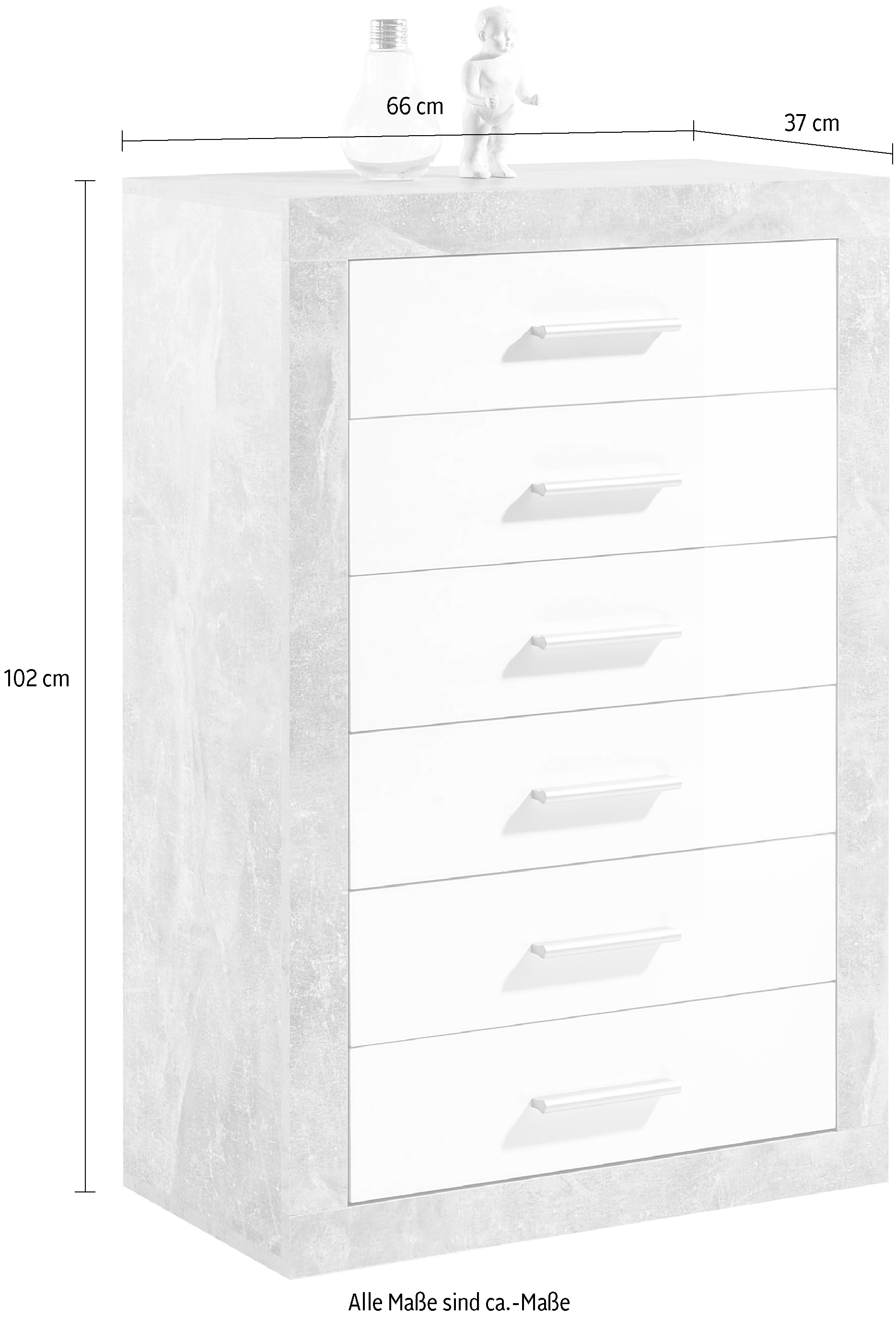HBZ Sideboard »Stone weiss Hochglanz, Schrank mit Schubkästen BxHxT 66x102x37 cm«, (1 St.), Beton Dekor und weiss Hochglanz, Schrank mit 6 Schubkästen