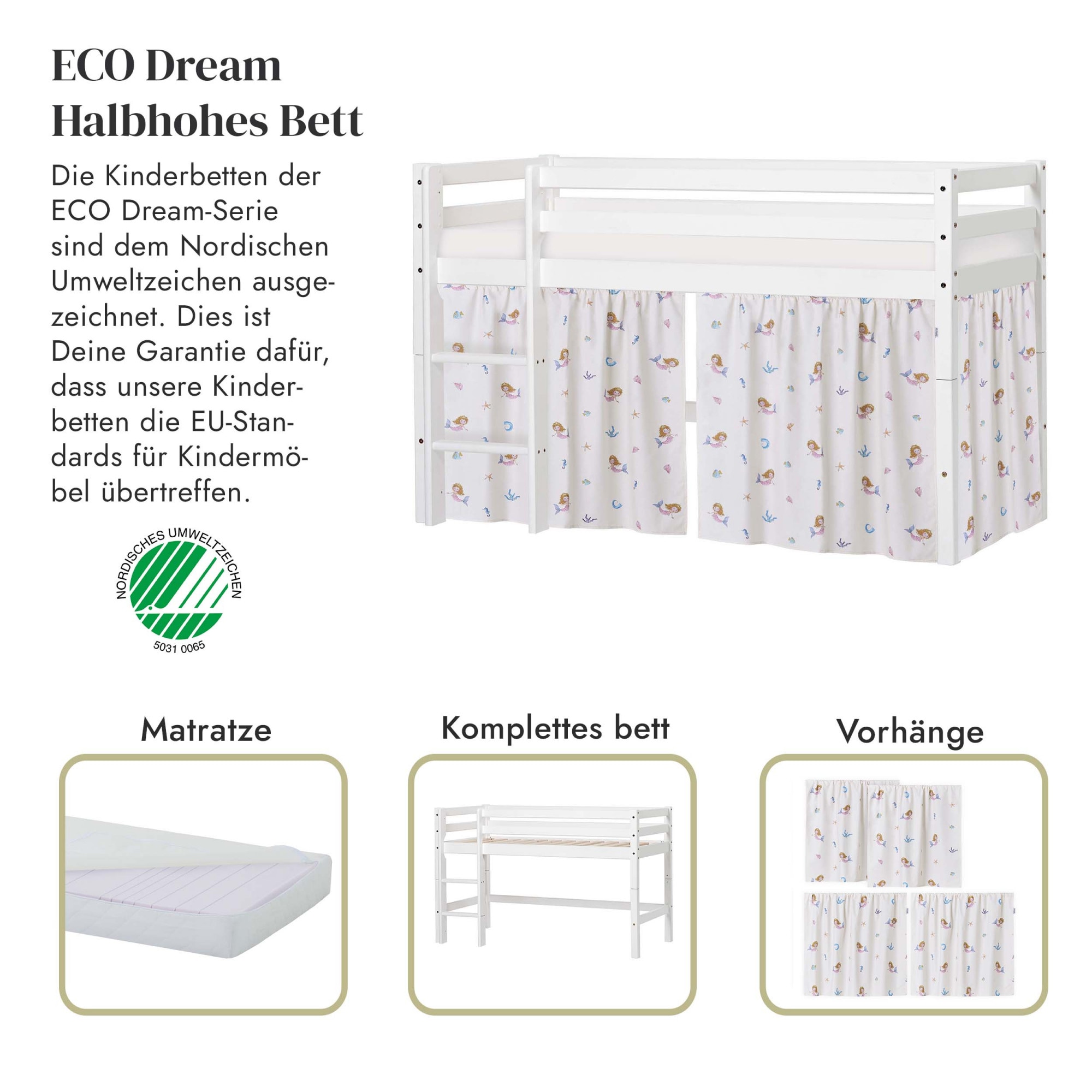 Hoppekids Spielbett »ECO Dream, Hochbett, umbaubar in Einzelbett« Massivholzbett mit Meerjungfrau-Vorhang, Matratze & 2 Grössen wählbar
