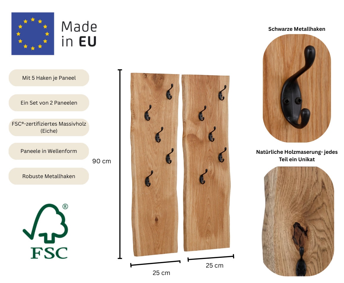 Home affaire Garderobenpaneel »Brodi« Masse pro Paneel (B/T/H): 25/2/90 cm,  aus massiver Eiche in Wellenform, 2er-Set mit je 5 Metallhaken