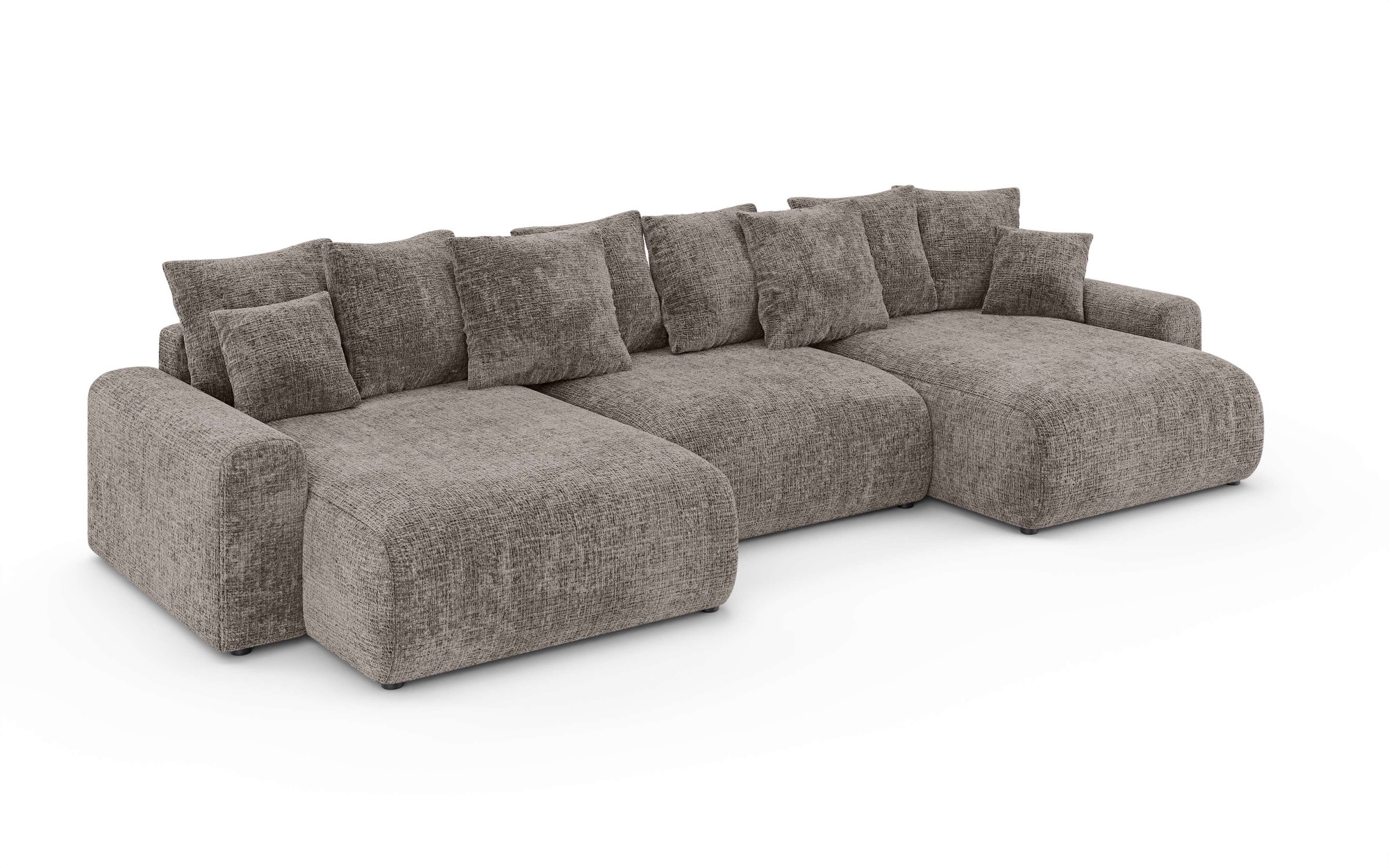 Home affaire Wohnlandschaft »LAKESIDE mit Bettfunktion und Bettkasten, Masse B/T/H: 332,5/142/84 cm«, U‑Form mit vielen Kissen und Wellenunterfederung