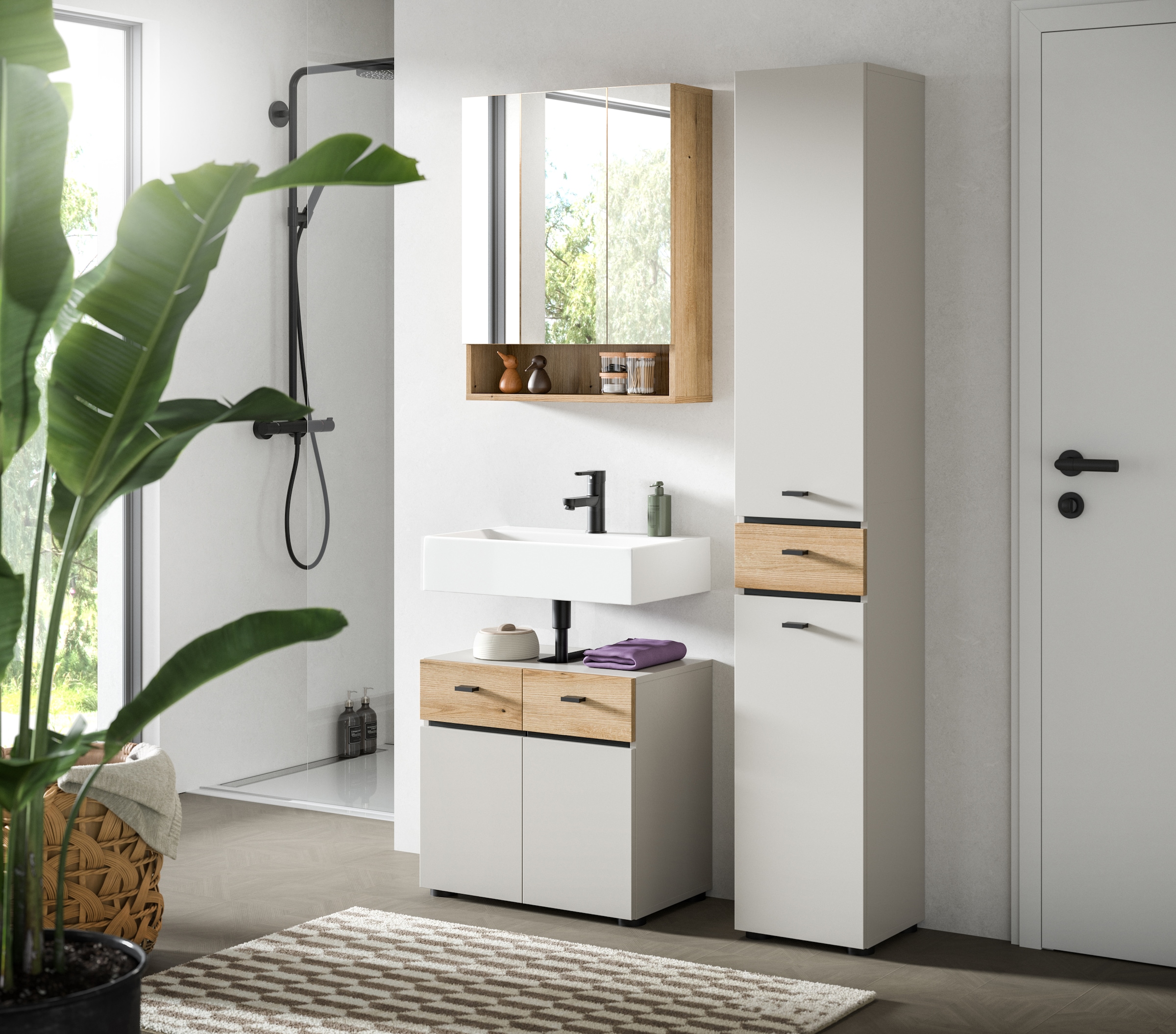 welltime Ensemble de meubles de salle de bain »VANN, 3-teilige moderne Badkombination, individuell stellbar« 1x Waschbeckenunterschrank, 1x Spiegelschrank, 1x Hochschrank, 3 cuis tlg.